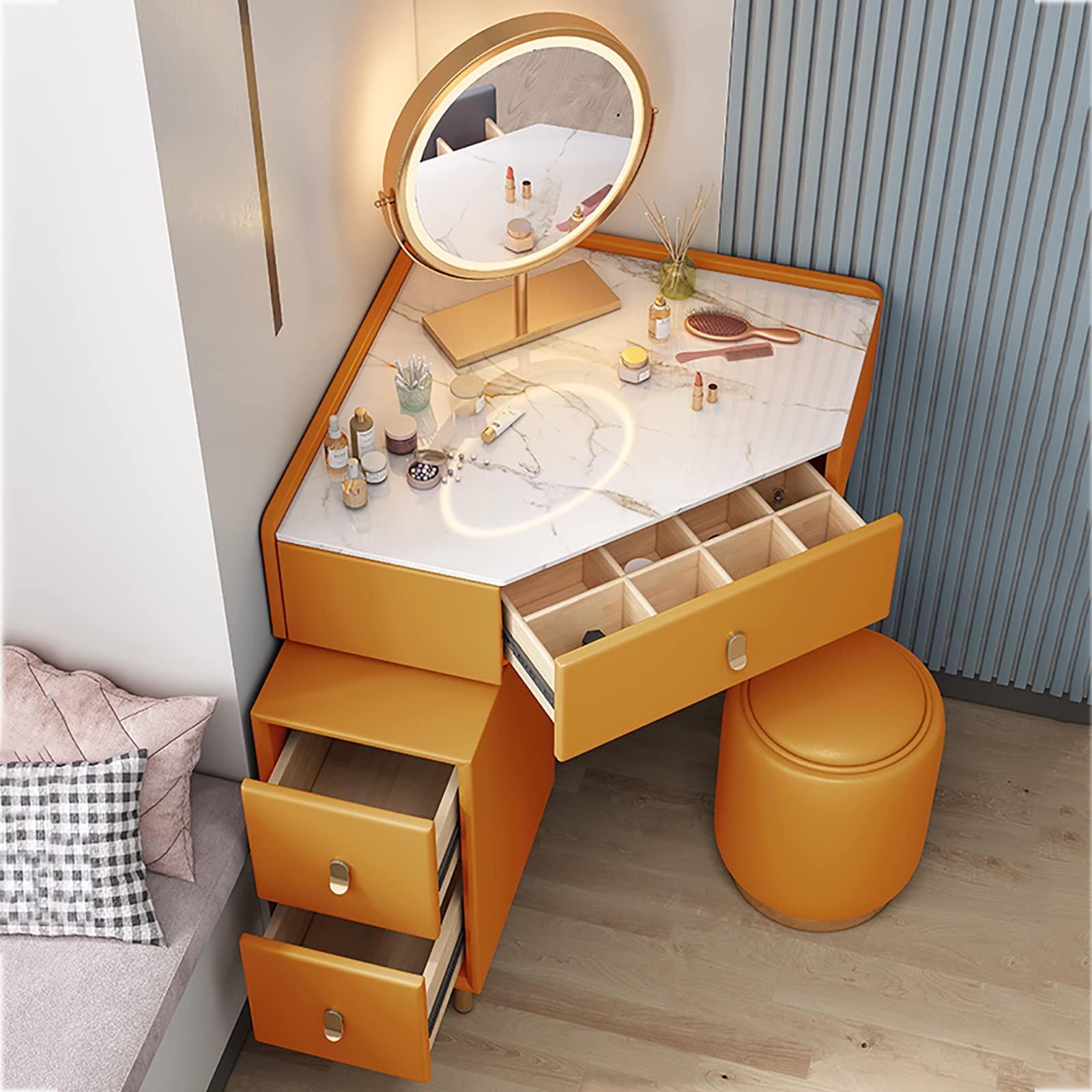 REALN REALN Corner Vanity Set with Lighted Mirror, Makeup Dressing Table with Drawers, Cabinet and Cushioned Stool, Girls Vanity Desk for Dressing Room, Bedroom (Color : Gray)