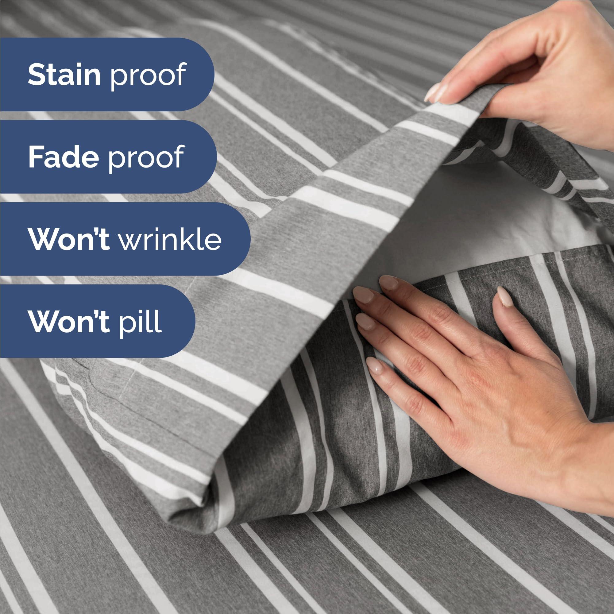 CGK Unlimited Split King 7 Piece Sheet Set - Breathable & Cooling Sheets - Hotel Luxury Bed Sheets - 1 Flat Sheet, 2 Fitted Sheets & 4 Pillowcases - Easy Fit, Soft & Wrinkle Free - Split King Grey Stripes Sheets