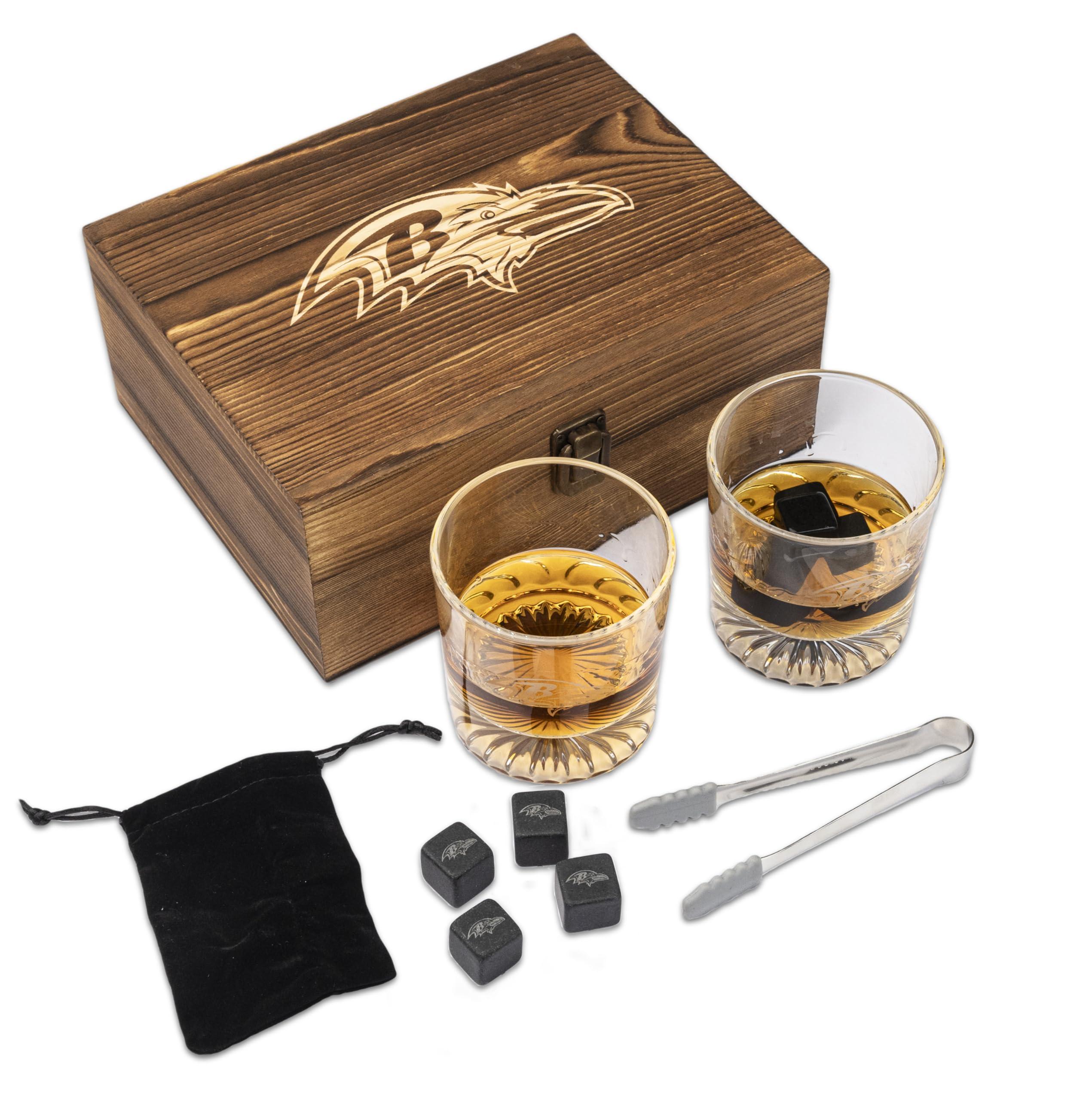 The Memory Company The Memory Company Officially Licensed NFL Wood Boxed Drinkware Set, with 2 Rocks Glasses and Cooling Cubes, Baltimore Ravens