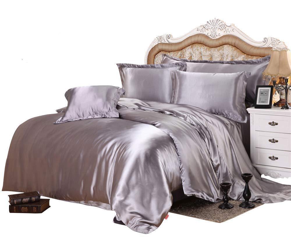 Good Night Bedding Duvet Cover Twin Size Set Silver With Button Closure, Ultra Soft Silky Satin 4 Pieces Washed Comforter Cover Sets (1 Duvet Cover + 1 Fitted Sheet 12\" Deep + 2 Pillow Shams) Duvet Set