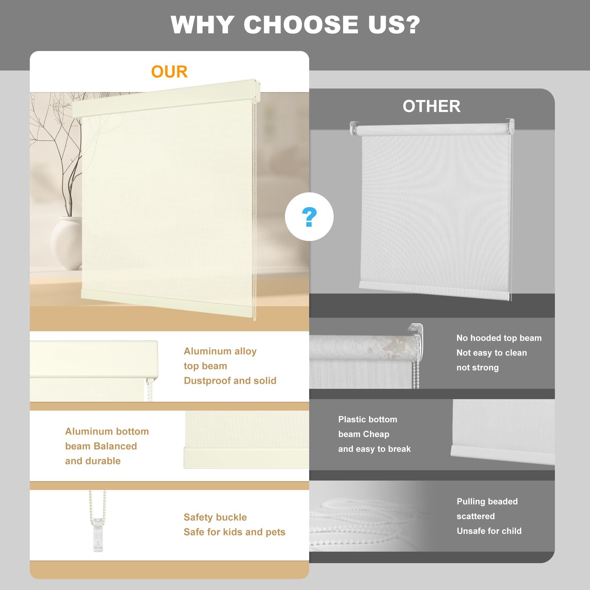 HOTSOON HOTSOON Light Filtering Roller Shades for Windows, Roller Blinds with UV Protection, Window Shades, Window Blinds Solar Fabric Easy Installation for Home Office, Custom Size, Beige, 20" W x 68" H