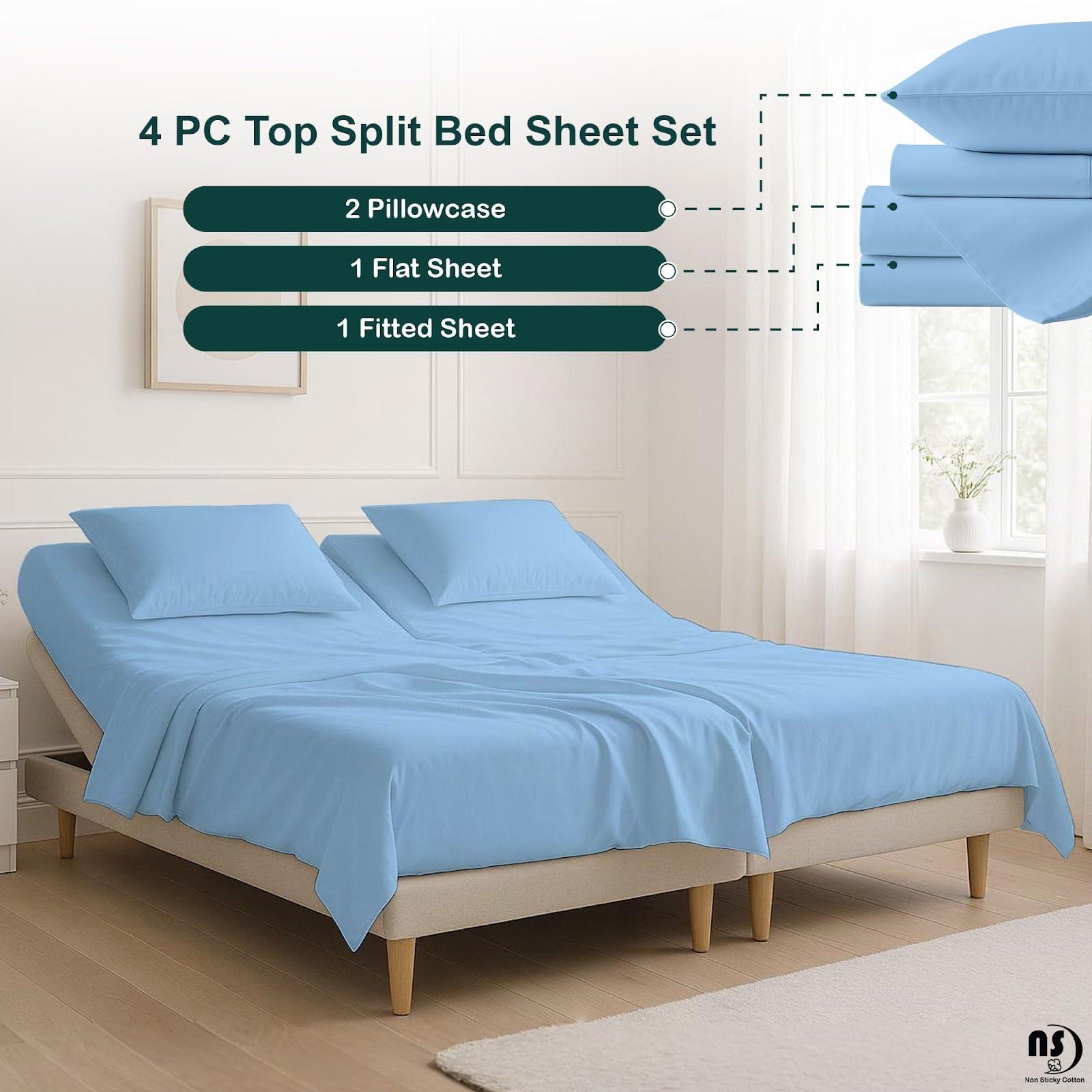 NON Sticky cotton Top Split King Sheets Sets for Adjustable beds, Sheets for Sleep Number Bed Split King deep Pocket, 34\" Split Top King Sheets 400 Thread Count 100% Cotton, Flex Top Sheets, Light Blue Solid
