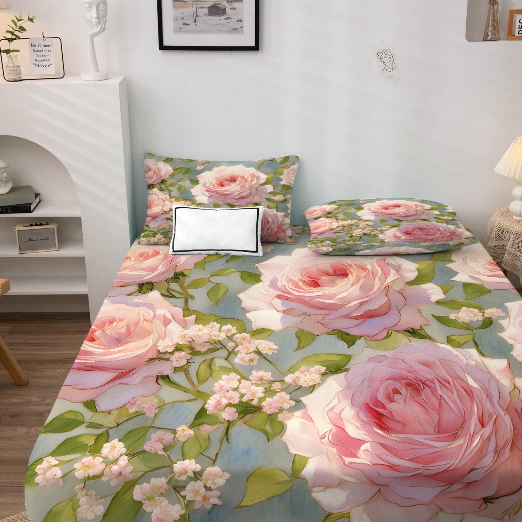 GEDAEUBA GEDAEUBA Pink Rose Sheets Full Size - Floral Bed Sheets for Kids Boys Girls, Botanical Sheet Set, Soft Microfiber & Deep Pocket & Wrinkle Free Fitted Sheet, Flat Sheet and Pillow Cases