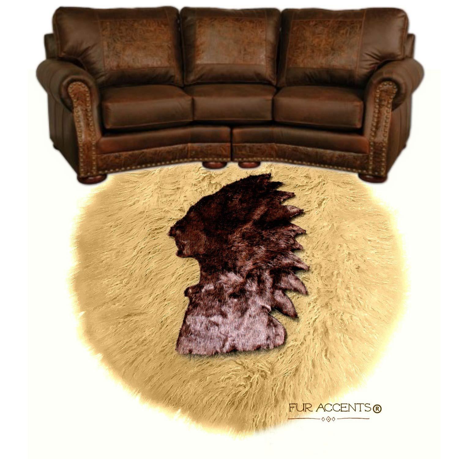 Fur Accents Indian Head Faux Fur Shag Area Rug Sheepskin Bear Skin Rug Fur Accents Art Rug Carpet (8' Round, Brown on Tan)