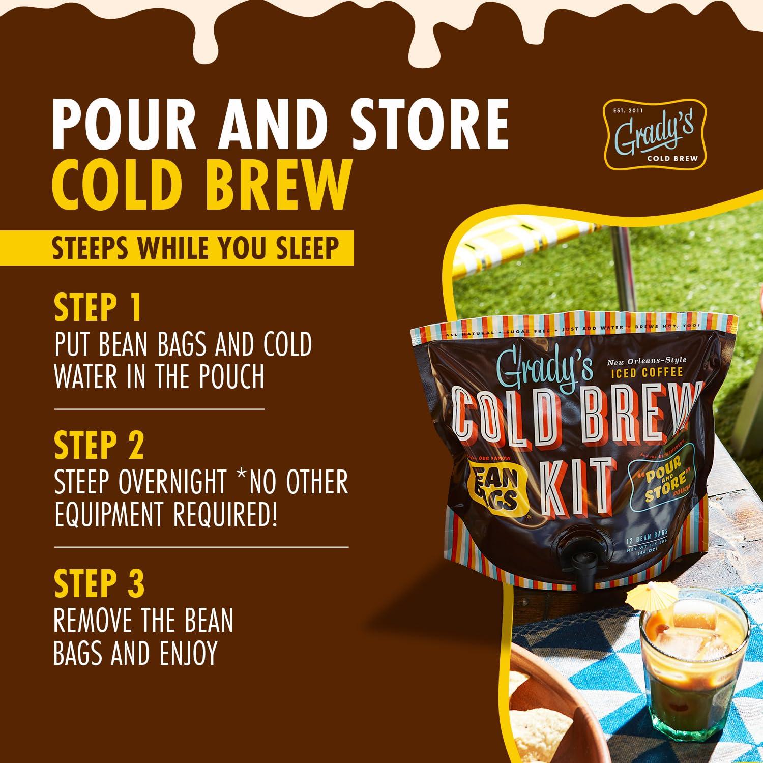 Grady's Cold Brew GRADYS COLD BREW Coffee Pouches | New Orleans Style - DECAF | 100% Arabica Ground Coffee & Chicory | All-in-One Cold Brew Kit with 12 Easy-to-Brew Beans Bags | Makes 36 drinks
