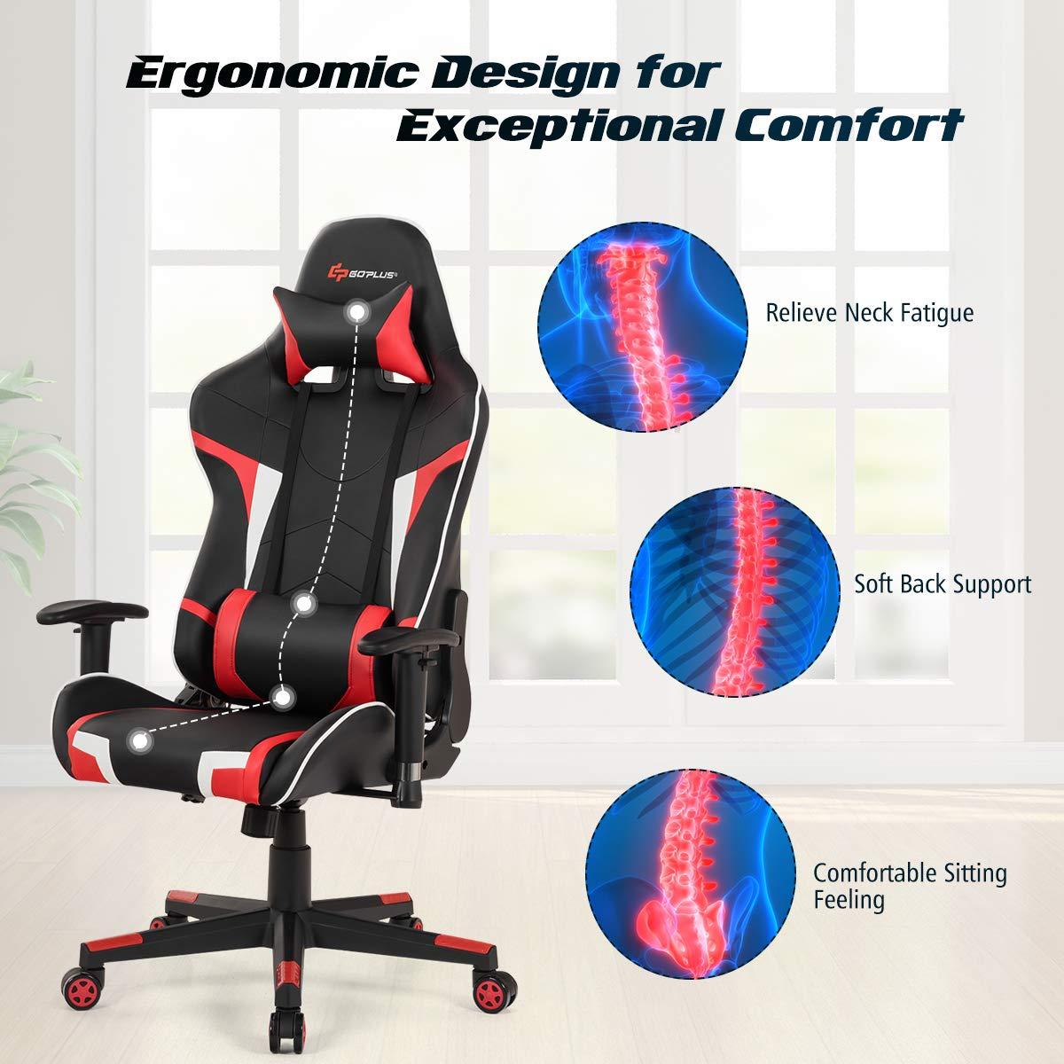 Goplus Goplus Gaming Chair, Massage Office Chair Computer Gaming Racing Chair, High Back PU Leather Adjustable Arms Headrest Ergonomic Reclining Game Chair, Rolling Swivel Executive Chair