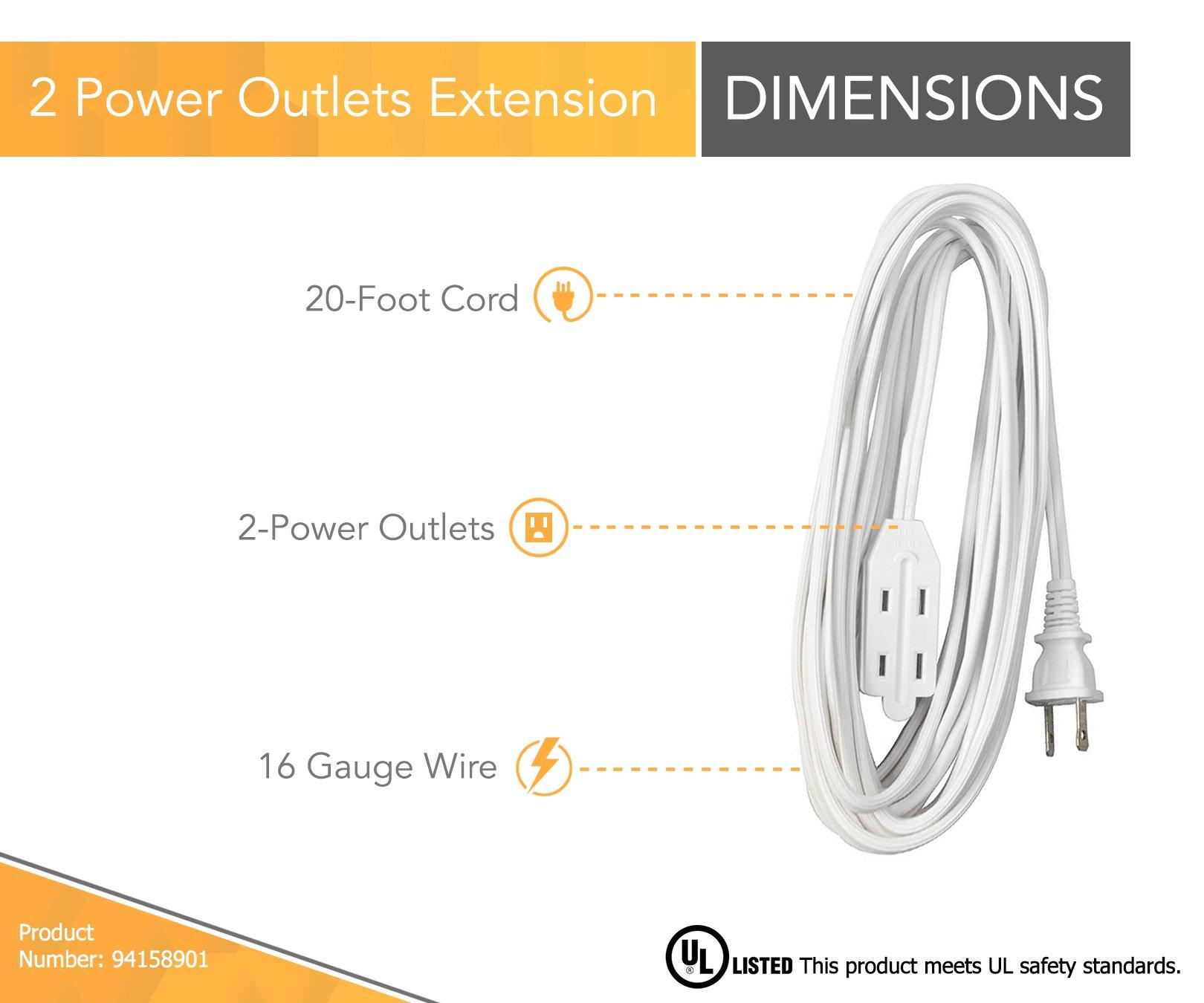 Coleman Cable Coleman Cable 94158901 Indoor Extension Cord With 2 Power Outlets ft White, 20 Foot