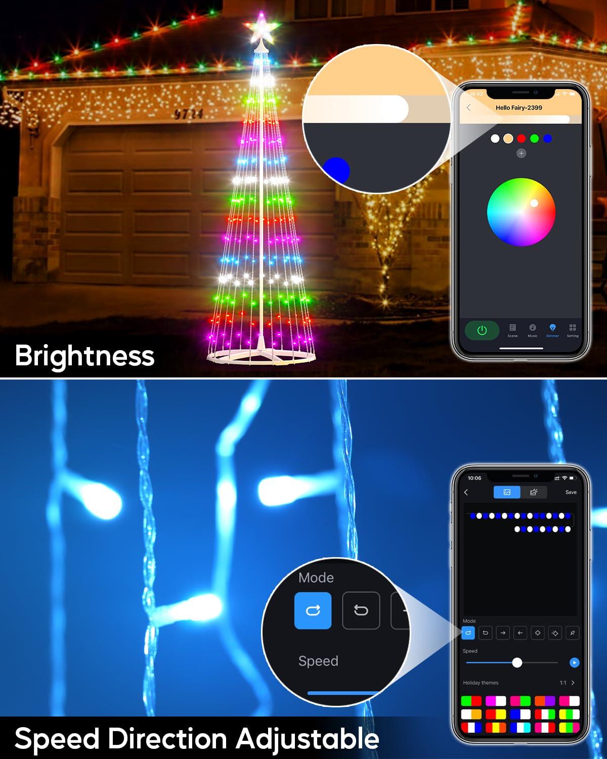 Avatar Controls 8FT Smart Outdoor Christmas Cone Tree, DIY Prelit Color Changing LED Christmas Tree Chasing Light Show App Remote Control, Music Timer Waterproof Large String Lights for Yard Decor
