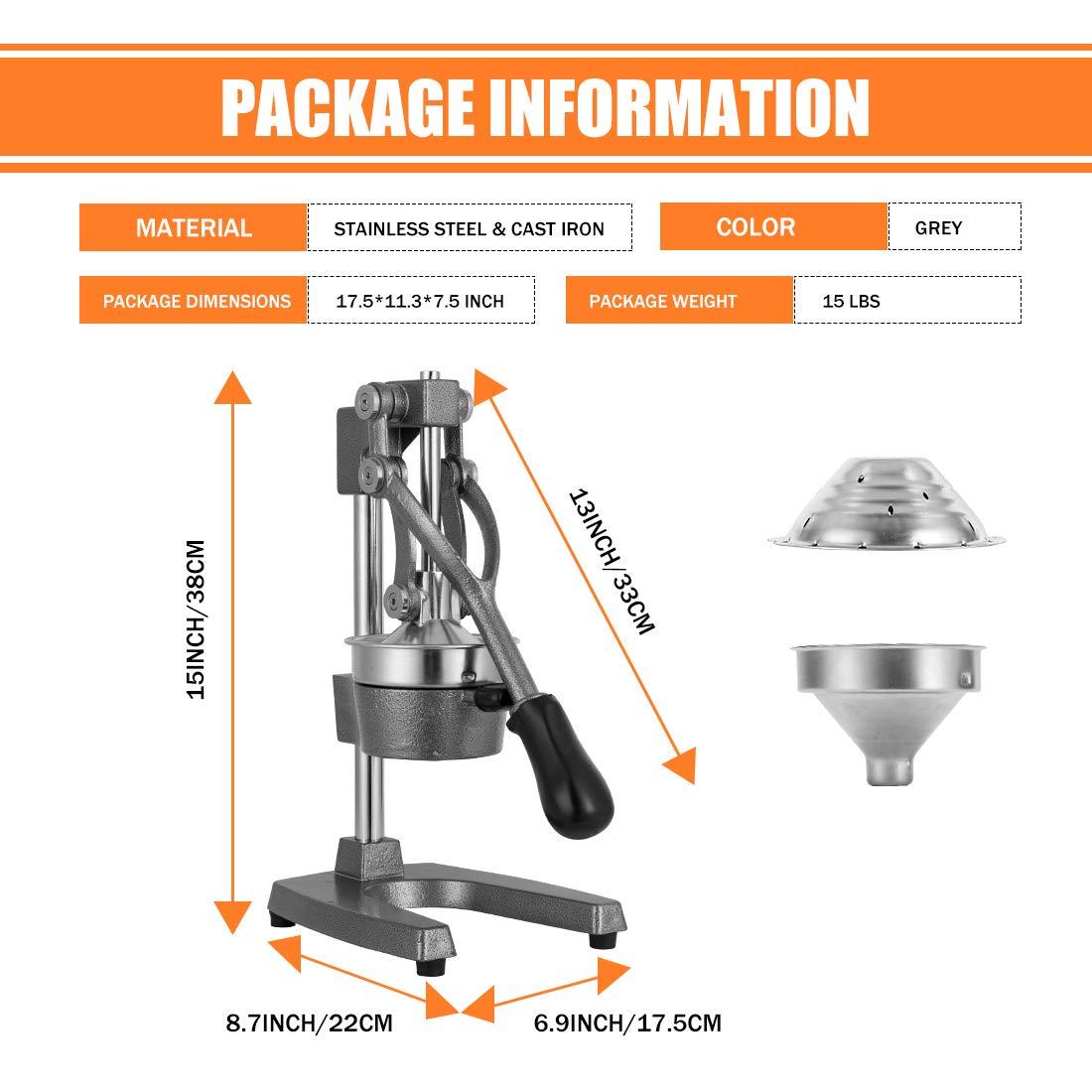 Gowintech Gowintech Commercial Heavy Duty Cast Iron Hand Press Manual Orange Citrus Lemon Lime Grapefruit Pomegranate Fruit Juice Squeezer Machine with Stainless Steel Cup Grey