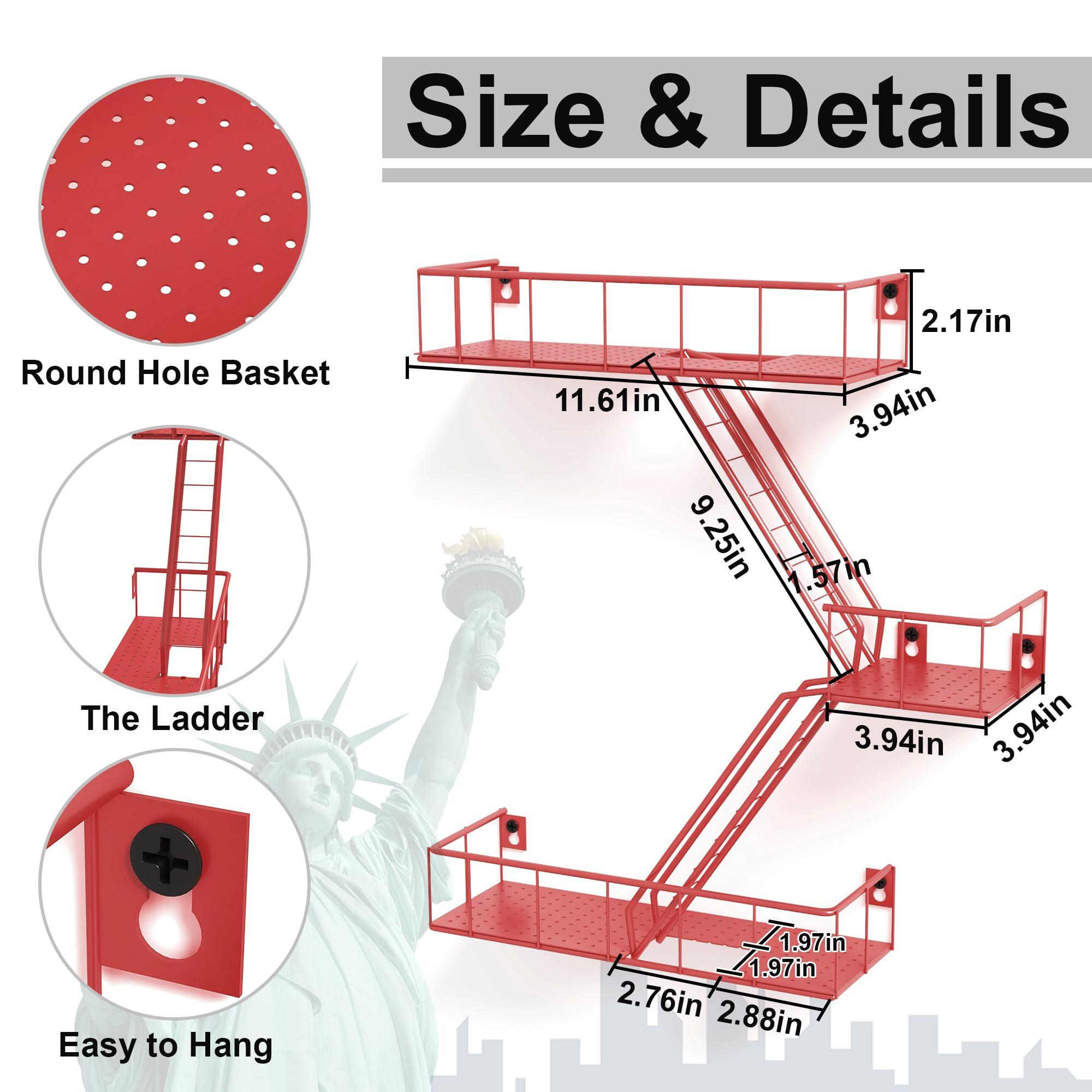 LUDORU Fire Escape Wall Shelf with Baskets, 3-Tier Metal Fire Escape Ladder Shelf Wall Organizer, New York Inspired Decorative Shelf, Red Floating Action Figurine Display Shelves for Bedroom, Home Dcor.