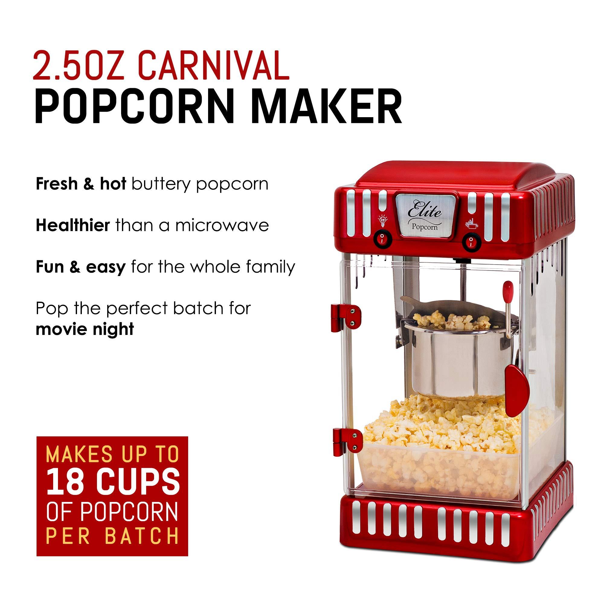 Elite Gourmet Elite Gourmet EPM-250 Maxi-Matic 2.5 Ounce Classic Carnival, Tabletop Kettle Popcorn Popper Machine, Retro-Style, Movie Hot Buttered Popcorn, Red