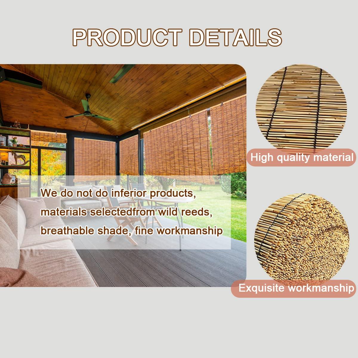 Yhzeokm Outdoor Bamboo Shades for Patio Roll Up Shade Waterproof Reed Blinds with Lift, Porch Privacy Translucent Roller Blinds, Waterproof Anti-UV Breathable Reed Curtains, Easy to Install