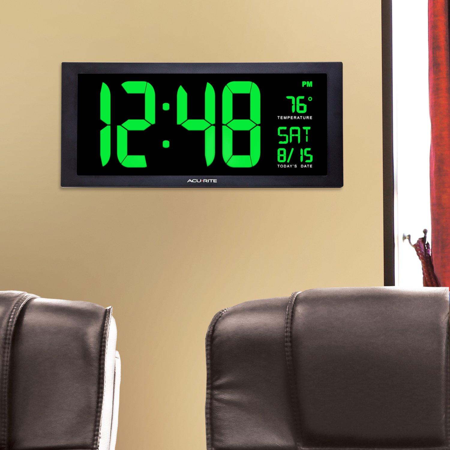 AcuRite AcuRite 76101M Oversized LED Clock with Indoor Temperature, Date and Fold-Out Stand, 18", Green