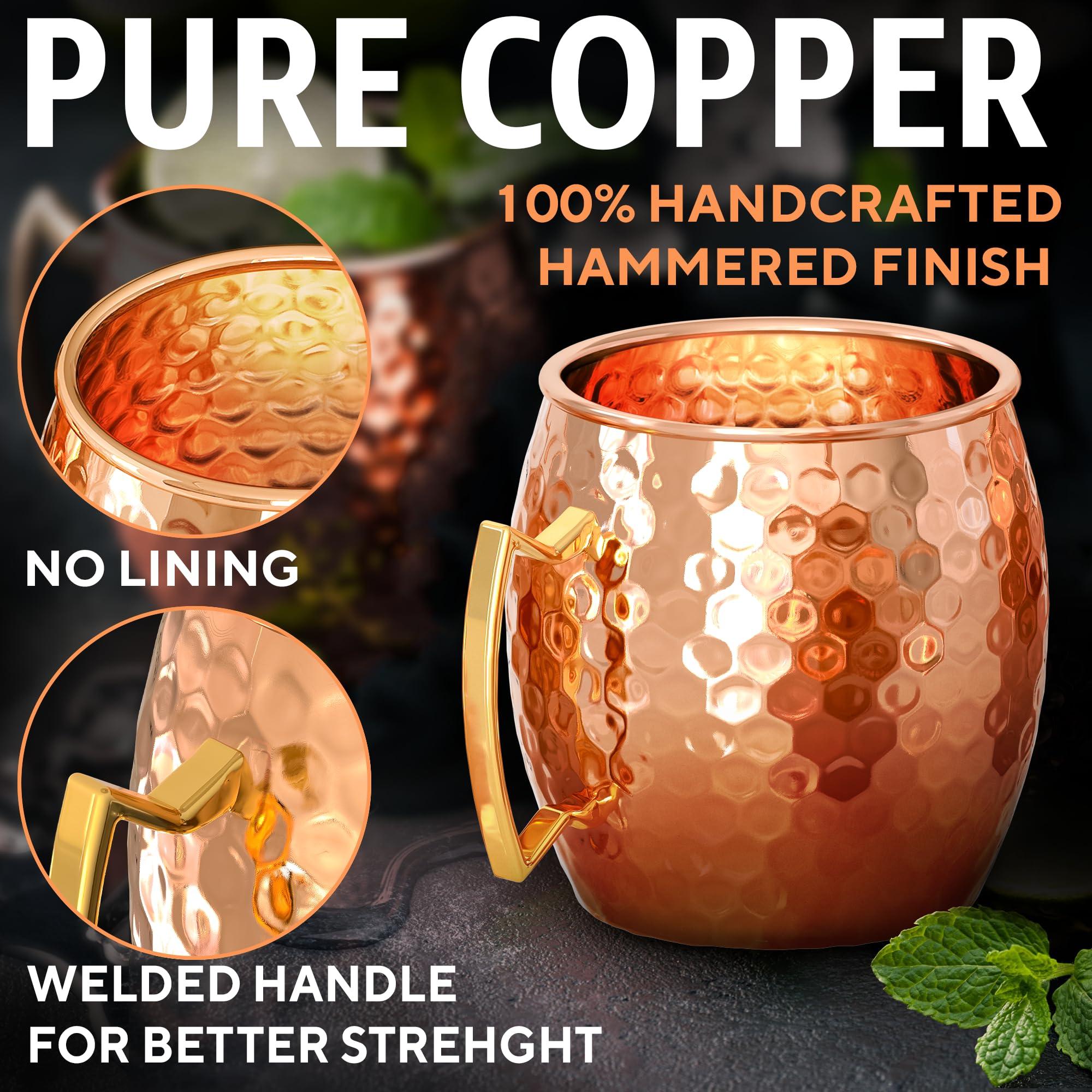 Benicci Benicci Moscow Mule Copper Mugs - Set of 4-100% HANDCRAFTED - Food Safe Pure Solid Copper Mugs - 16 oz Christmas Gift Set with Premium Quality Cocktail Copper Straws and Jigger!