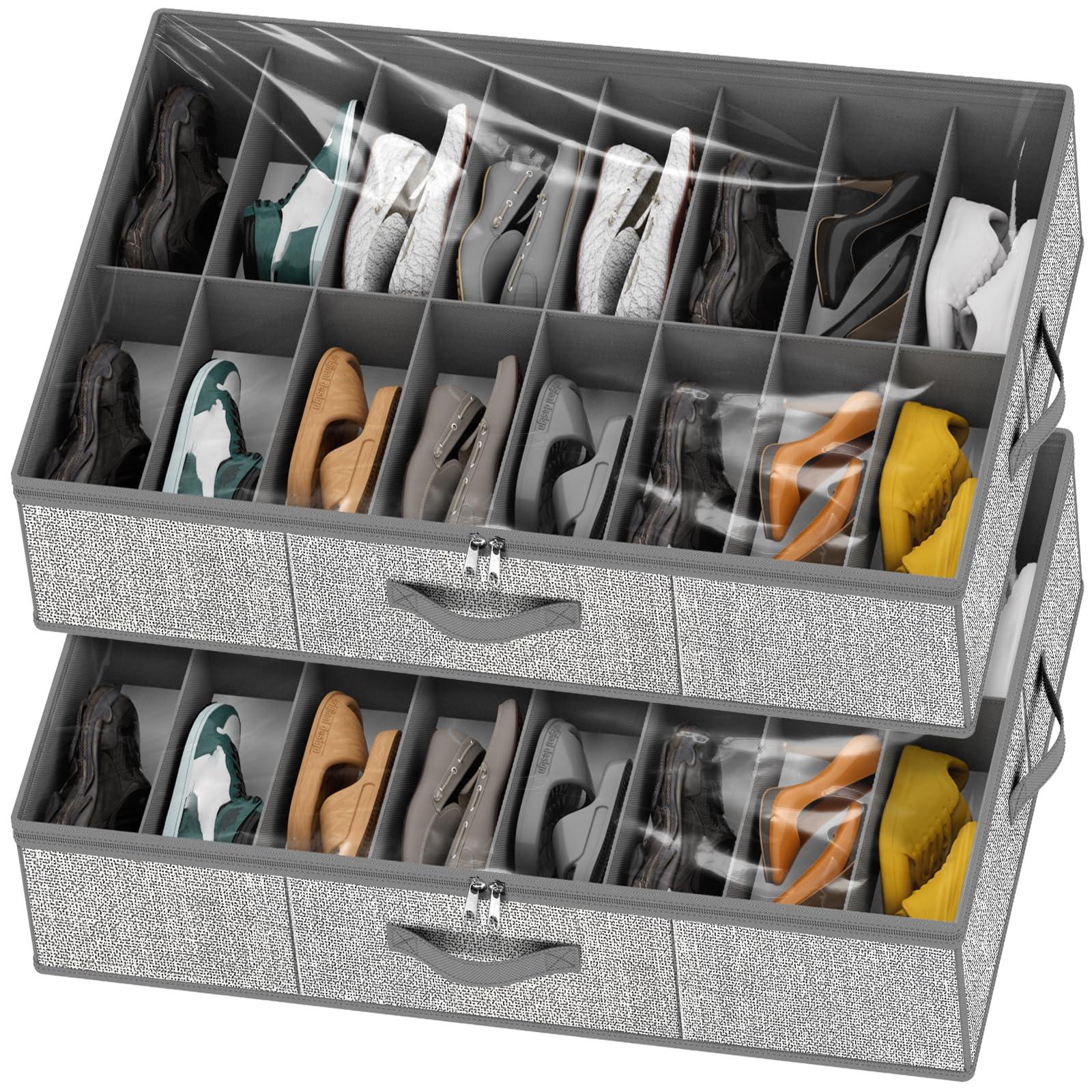 homyfort 32 Pairs Shoe Organizer Under Bed, Underbed Shoe Storage Boxes Bins, Organizador De Zapatos, Extra Large Zapateras Organizer, Grey, Set of 2