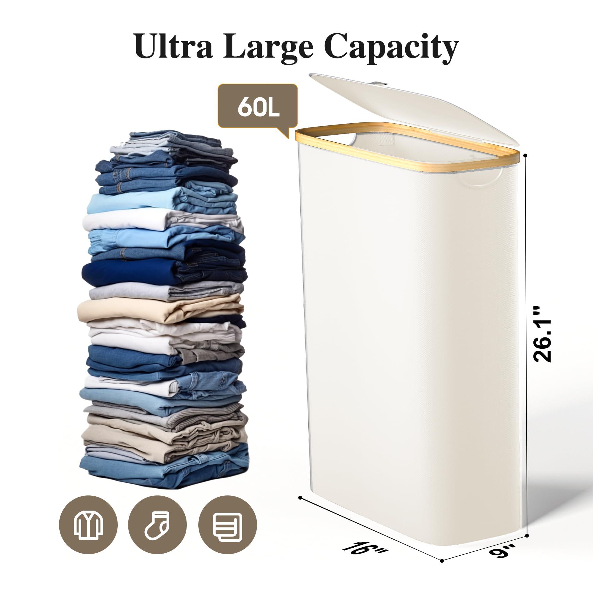 Foluck Foluck Slim Laundry Hamper, 60L Waterproof Narrow Laundry Basket with Lid and Removable Bag, Collapsible Tall Clothes Hamper with Bamboo Handles for Clothes Toys in Dorm Bedroom Bathroom, Beige