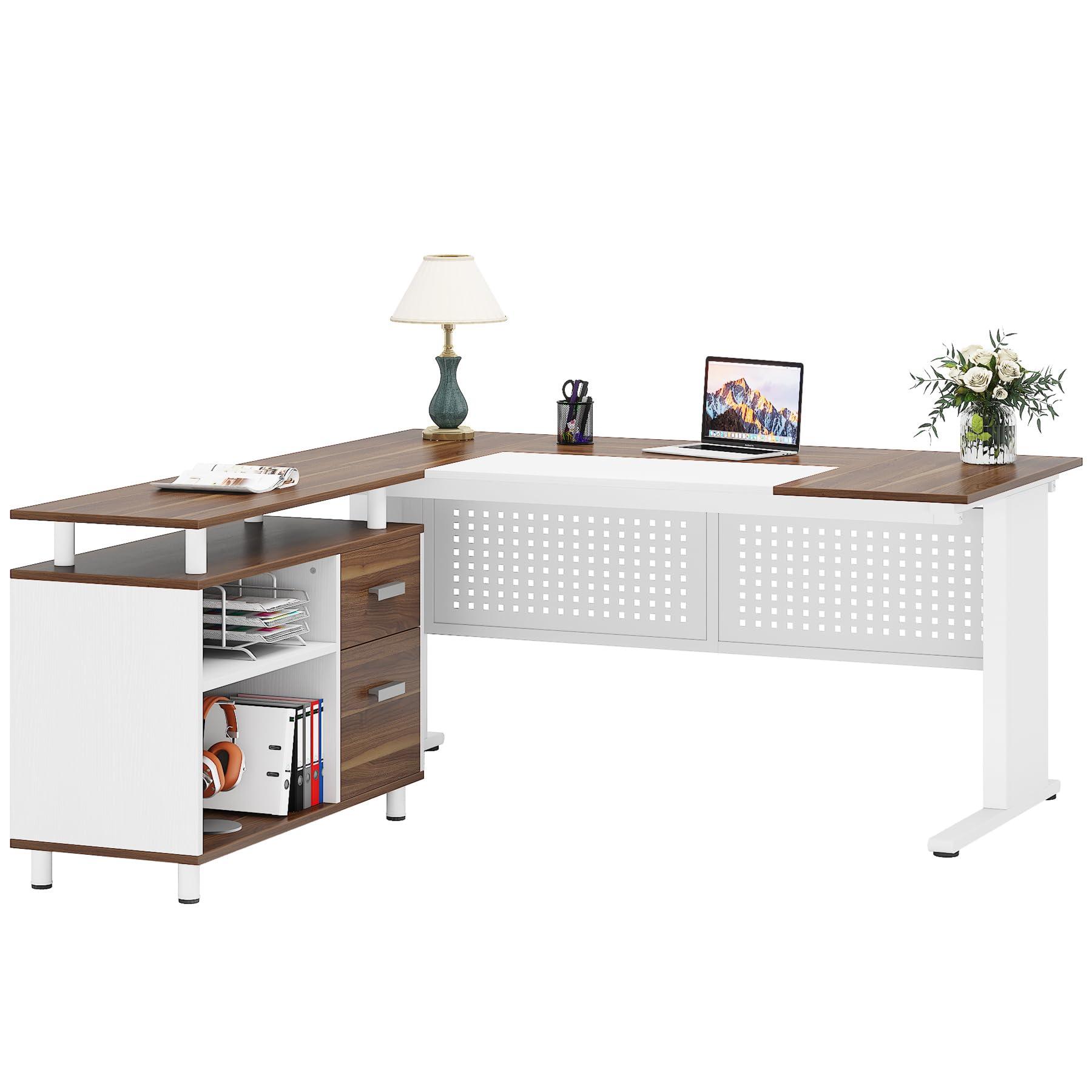 Tribesigns Tribesigns 63 Inch Executive Desk with File Cabinet, Large Office Desk L Shaped Computer Desk with Drawers and Storage Shelves, Business Furniture Desk Workstation for Home Office, White and Walnut