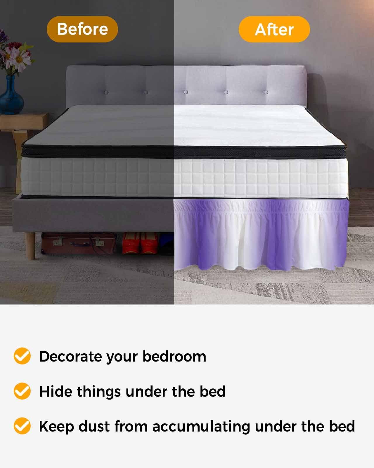 Sabolny Purple White Bed Skirt Queen Size 18 Inch Drop, Adjustable & Elastic Wrap Around Bed Skirts Pleated Luxury Dust Ruffles for Twin Full Queen Cal King Base Bed, Modern Minimalist Geometric Ombre Art