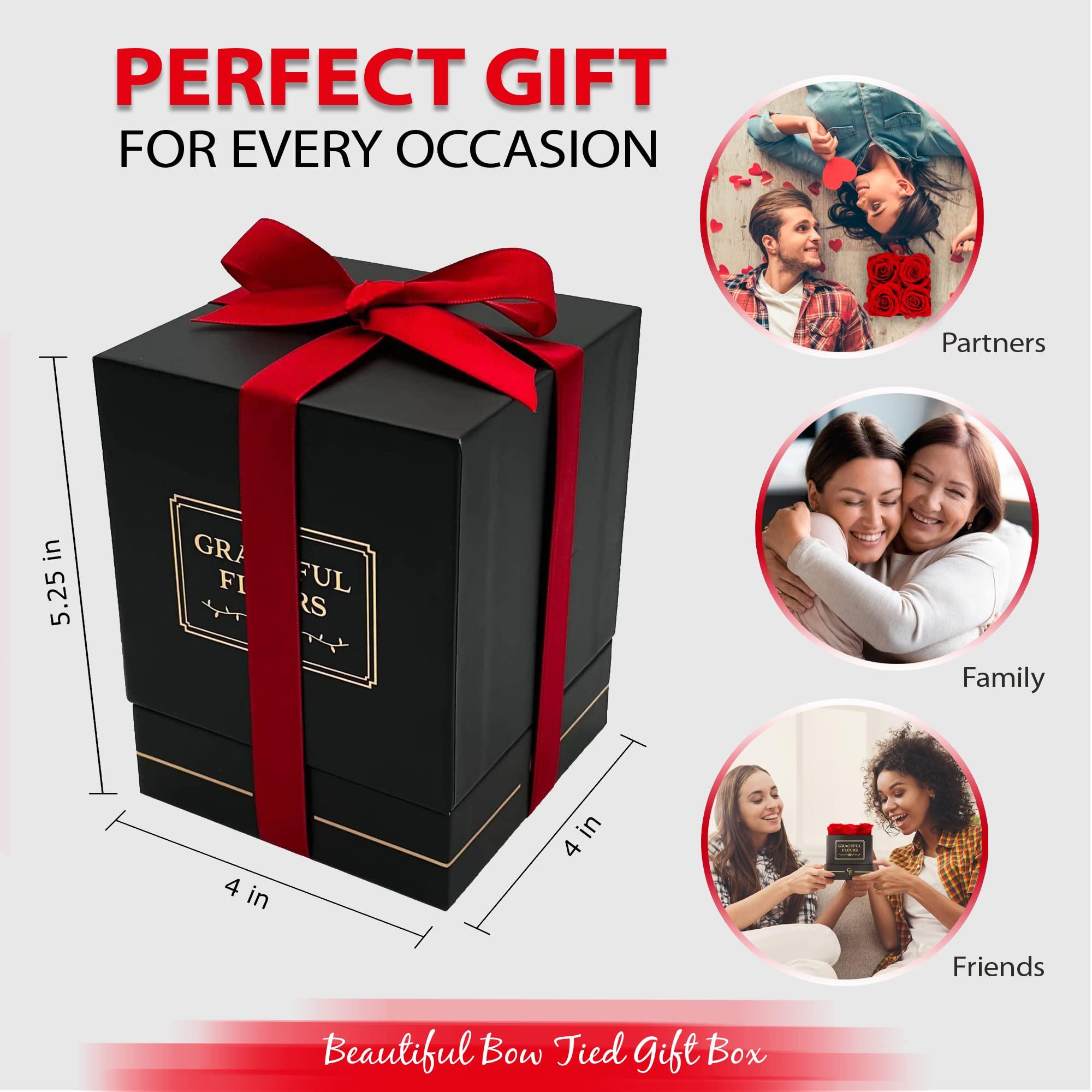 Chloe\'s Graceful Fleurs Graceful Fleurs | Real Roses That Lasts for Years | Preserved Fresh Flowers for Delivery Birthday | Forever Roses in a Box | Valentines Day Gifts for Her (Red, Black Box, 4 Roses)