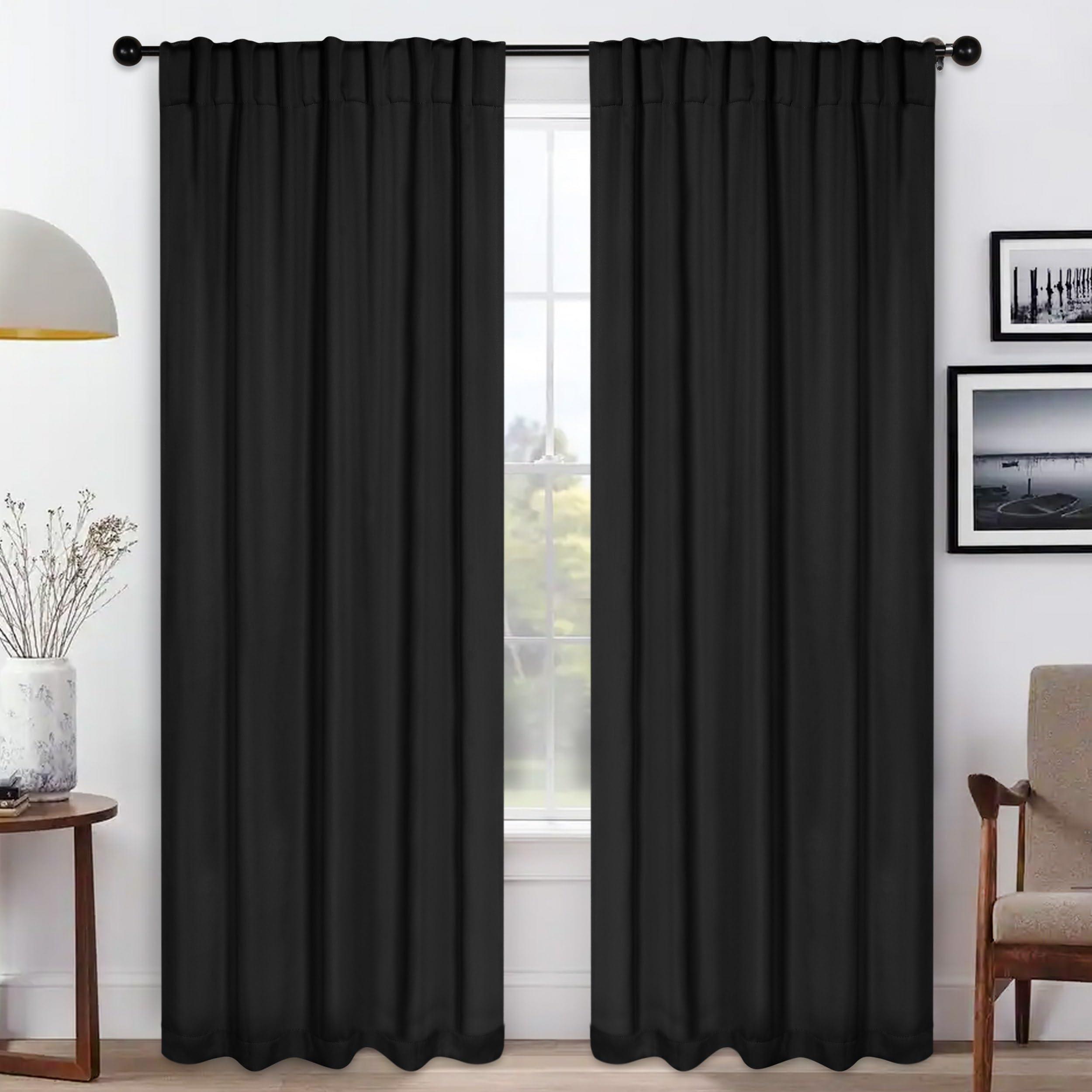 Superior Superior Blackout Curtains, Room Darkening, Bedroom, Drapes, Kitchen, Living Room Window Accents, Sun Blocking, Thermal, 2 Pack, Solid Blackout Back Tab Curtains, Set of 2, 52" x 72", Black