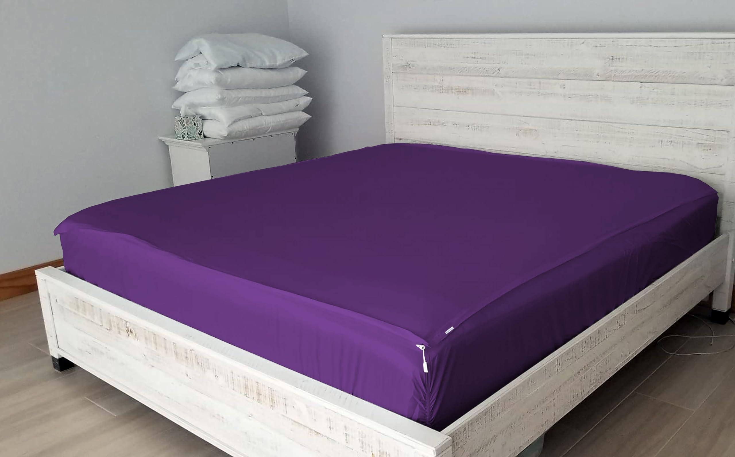 PURE ECO Zipper Fitted Sheet - includes 1 Fitted Sheet Base & 2 Zip-On Sheets - UPTO 16 in. Deep Pockets Queen Size Zipper Fitted Sheet - Easy to Change, Sateen Cotton 600 TC Fitted Sheet - Purple
