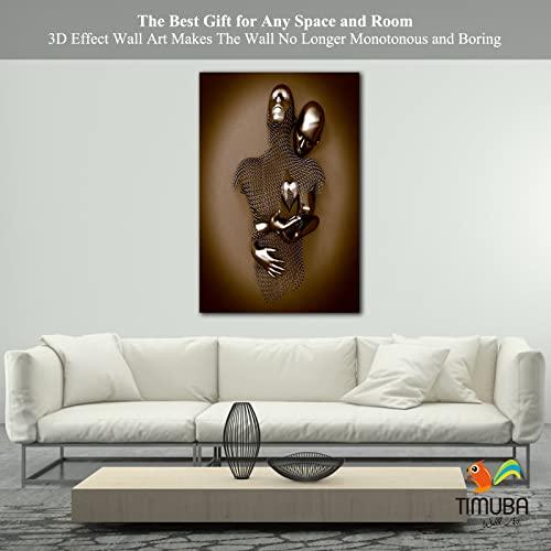 TIMUBA 3D Wall Art - Silver Gold Hugging Couple Wall Design, 3D Effect Love Metallic Art Print on Canvas for Bedroom Wall Decor, Modern Abstract Kissing Framed Art Pictures for Valentine's Gift 28x40 Inches