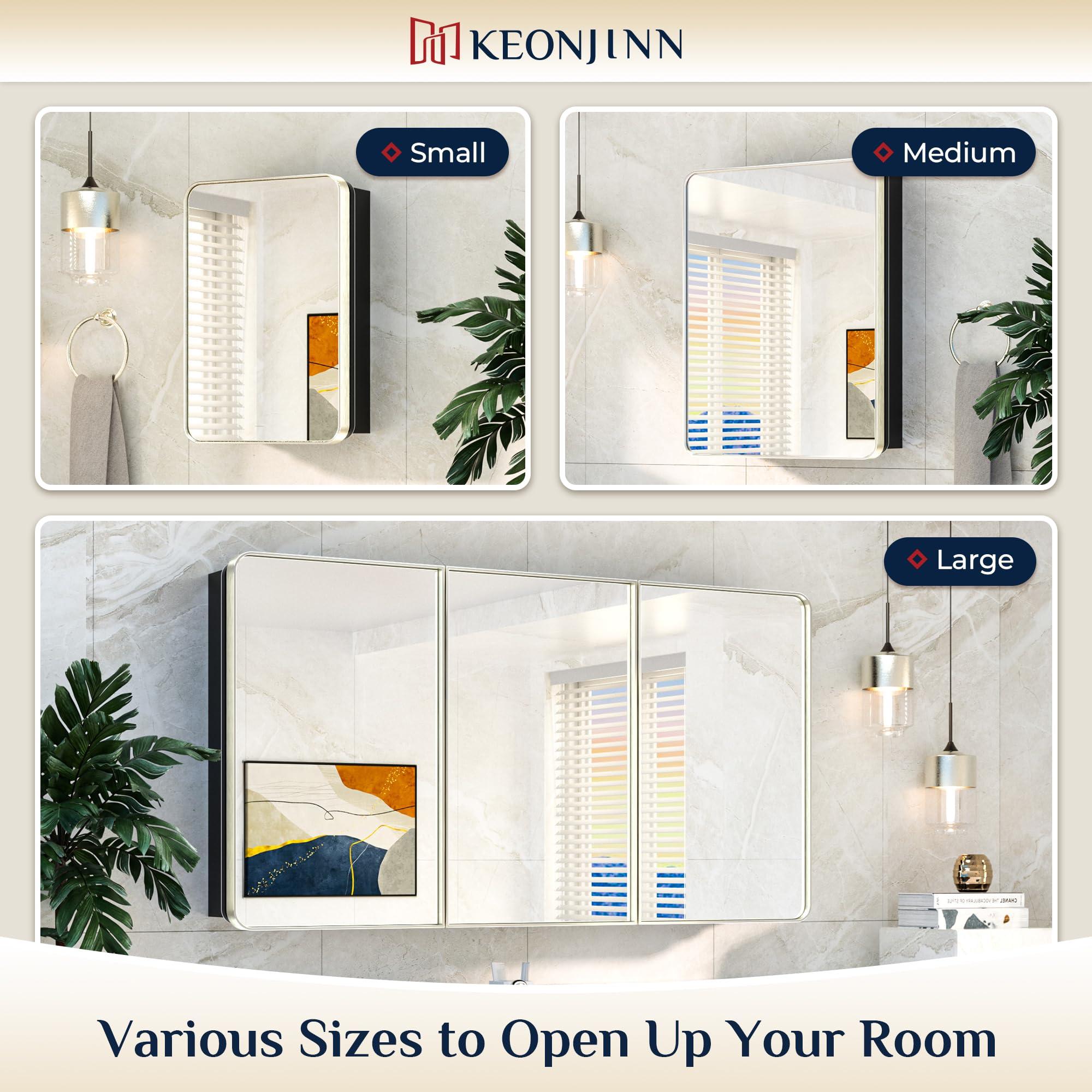 Keonjinn Keonjinn 16 x 24 Inch Brushed Nickel Medicine Cabinets for Bathroom with Mirror Stainless Steel Framed Rounded Rectangle Adjustable Shelves Modern Recessed Silver Medicine Cabinet for Bathroom Storage