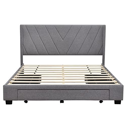 HOHOBD Linen Upholstered Platform Bed with 3 Drawers, Wooden Storage Bed Frame with Headboard for Bedroom (Grey, Queen (U.S. Standard))