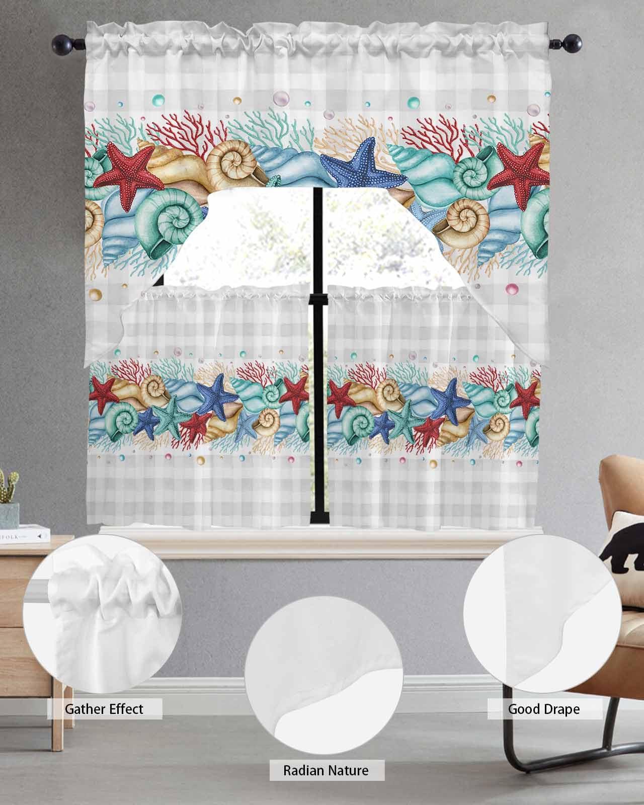 Onekaccu Coral Starfish Coastal Swag Curtains Valance and Tier Set, Rod Pocket 3 Piece Kitchen Curtains Over Sink Summer Beach Ocean Plaid Gray Swag Valances and Tier Curtains for Bedroom Bathroom 36 inches