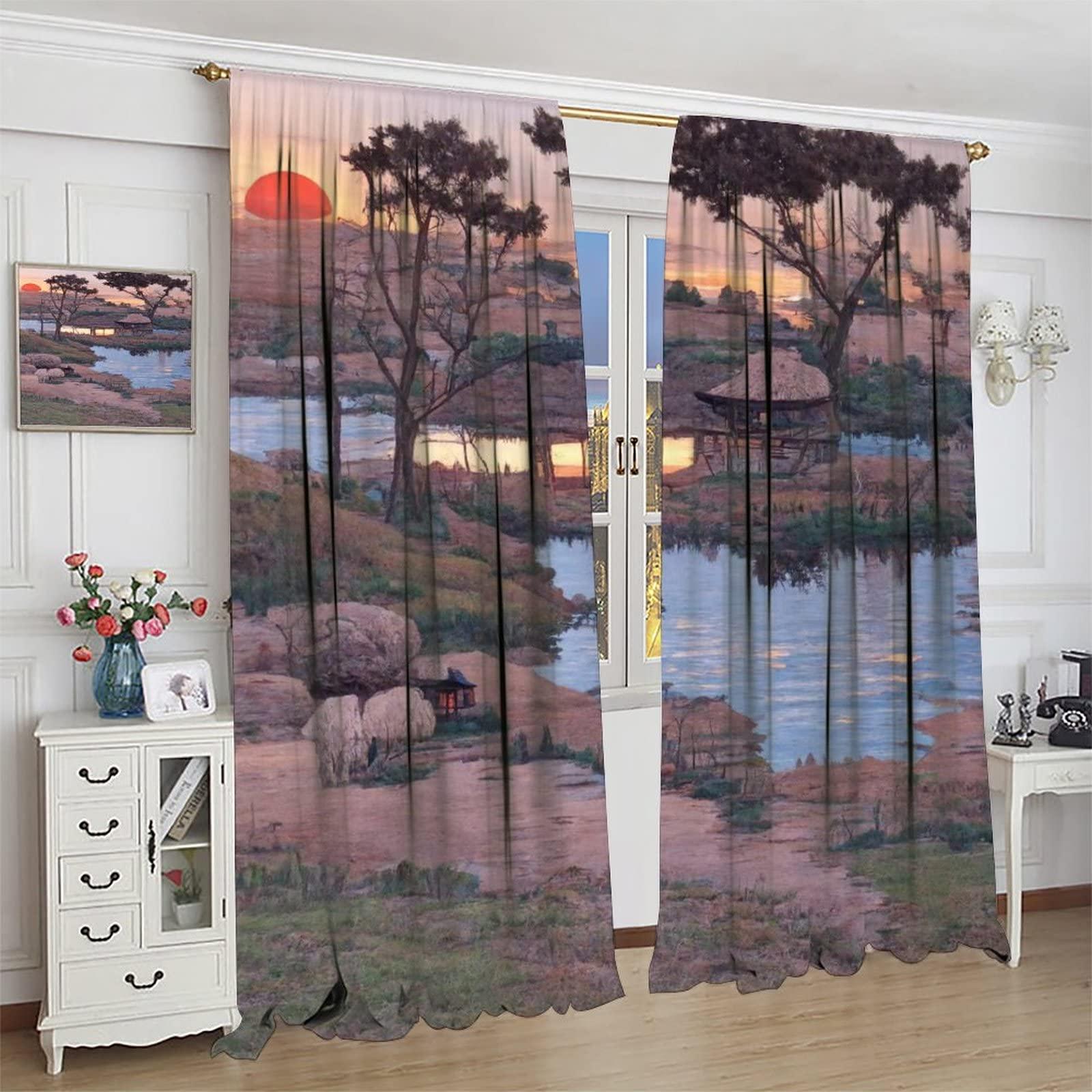 gaoyaqing Asian Landscape Curtain, Traditional Chinese Painting Sunset Landscape Cherry Tree Cloud Mountain, Room Pole Pocket Decoration 2 Panels, Seal Brown 42x63in
