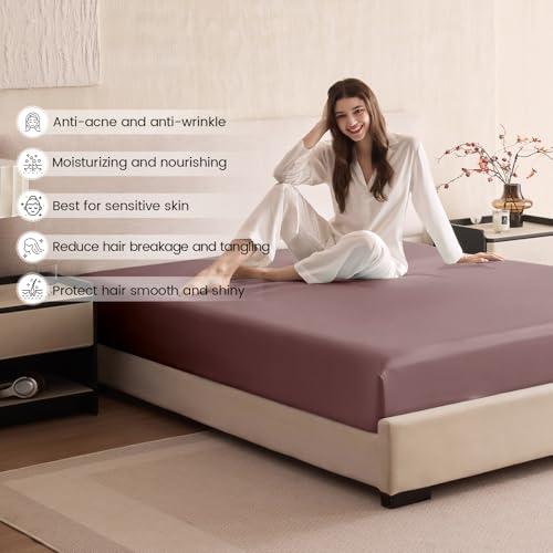 THXSILK THXSILK Silk Cal. King Fitted Sheet 3Pcs Set, 6A+ Top Grade 100% Pure Mulberry Silk Bed Sheets Set Luxury Bedding Sheet for Hair and Skin, 1 Fitted Sheet with 2 Pillowcases, Purple