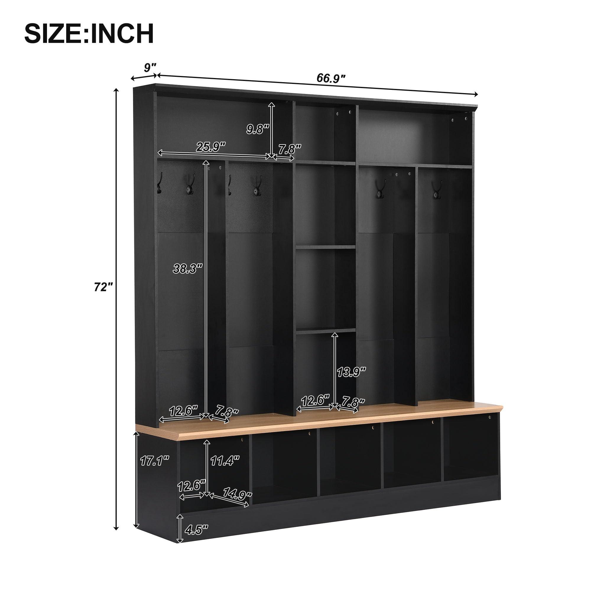 Hlcodca Hlcodca Wide Design Hall Tree with Storage Bench, Minimalist Shoe Cabinet with Cube Storage & Shelves, Multifunctional Coat Rack with 8 Hooks for Entryways Hallway Mudroom (Black-001)