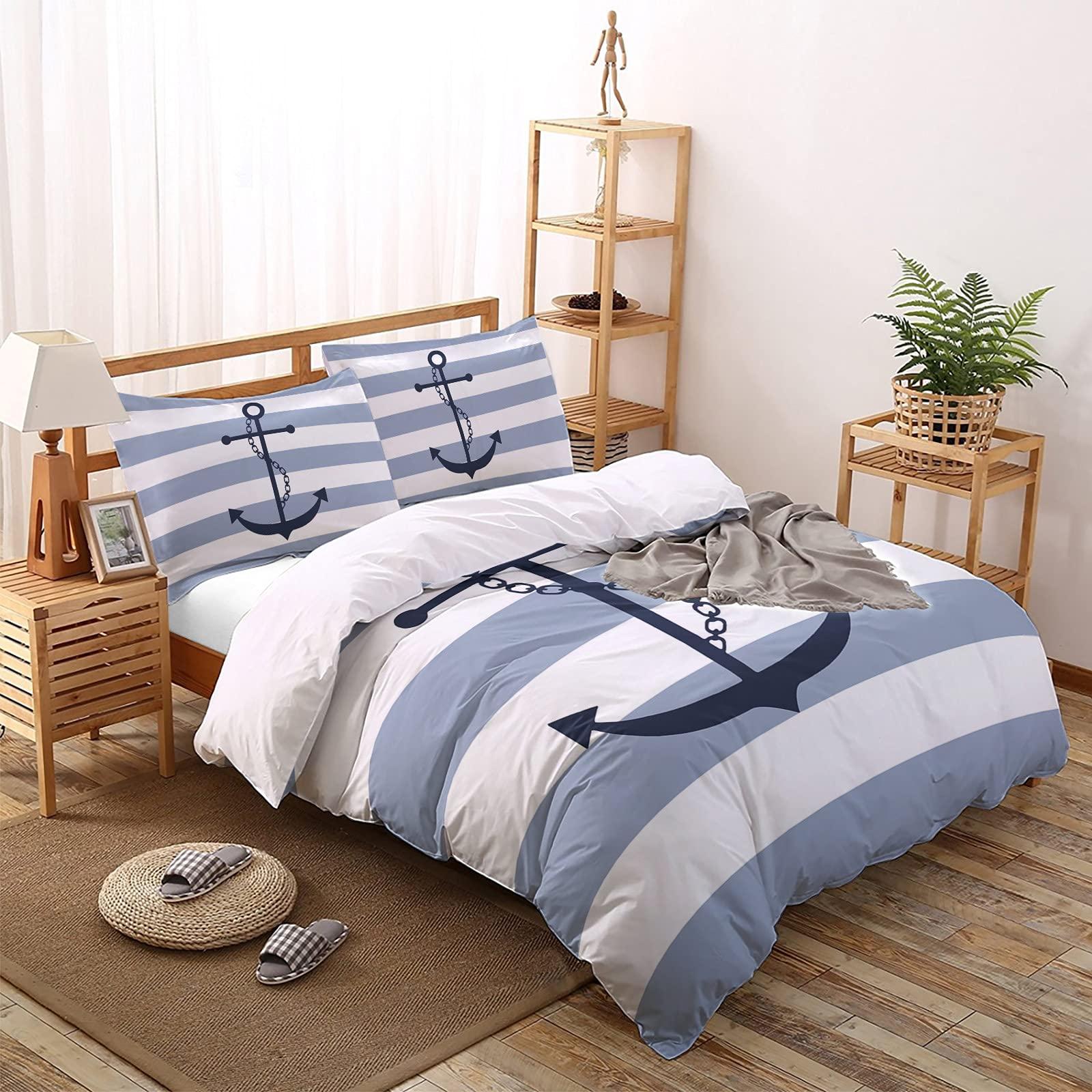 YESOF66 YESOF66 Zipper Duvet Cover Set Soft Comforter Cover Set for Girls Boys,Nautical Anchor Sky Blue and White Striped Daisy Bedding Sets Twill Plush Bed Sheet Set,Twin Size