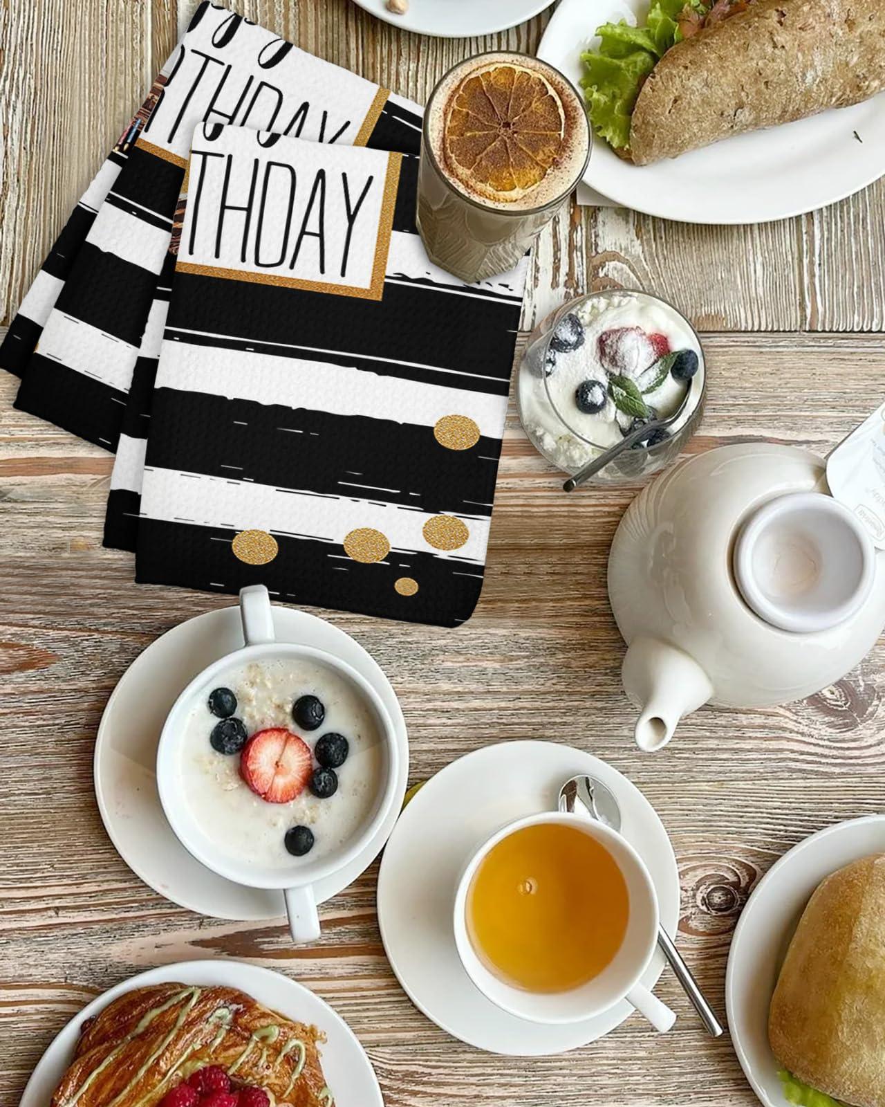 Kontanderi Happy Birthday Dish Towels Waffle Kitchen Towels Set, Absorbent Quick Drying Towel Cleaning Cake Black and White Striped Dots Hand Towels for Bathroom 4 Pack Dish Cloths 15.7\"x23.6\"