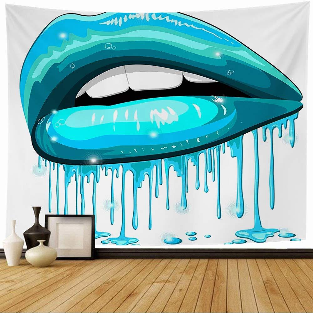 Mearklwd Tapestry Wall Hanging Dripping Lips Teal Color Beauty Water Turquoise Beautiful Lipstick Woman Makeup Abstract Textures Tapestry Trippy Tapestry for Room (80x60 Inches)