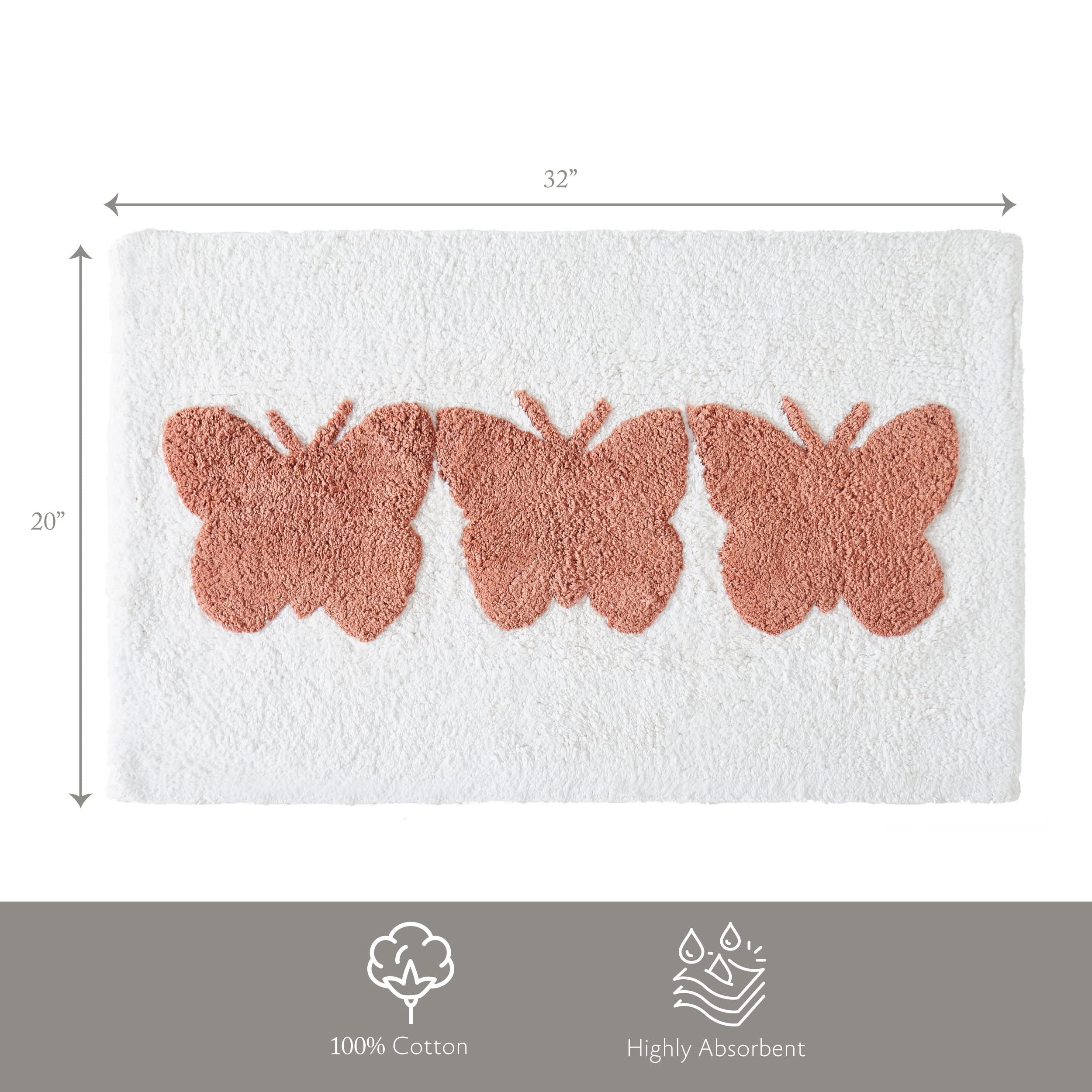 Jessica Simpson Jessica Simpson Cotton Bath Rug, Premium Overtufted Bathroom Rug, Machine Washable Decor, 20"x32", Butterfly Trio White/Coral