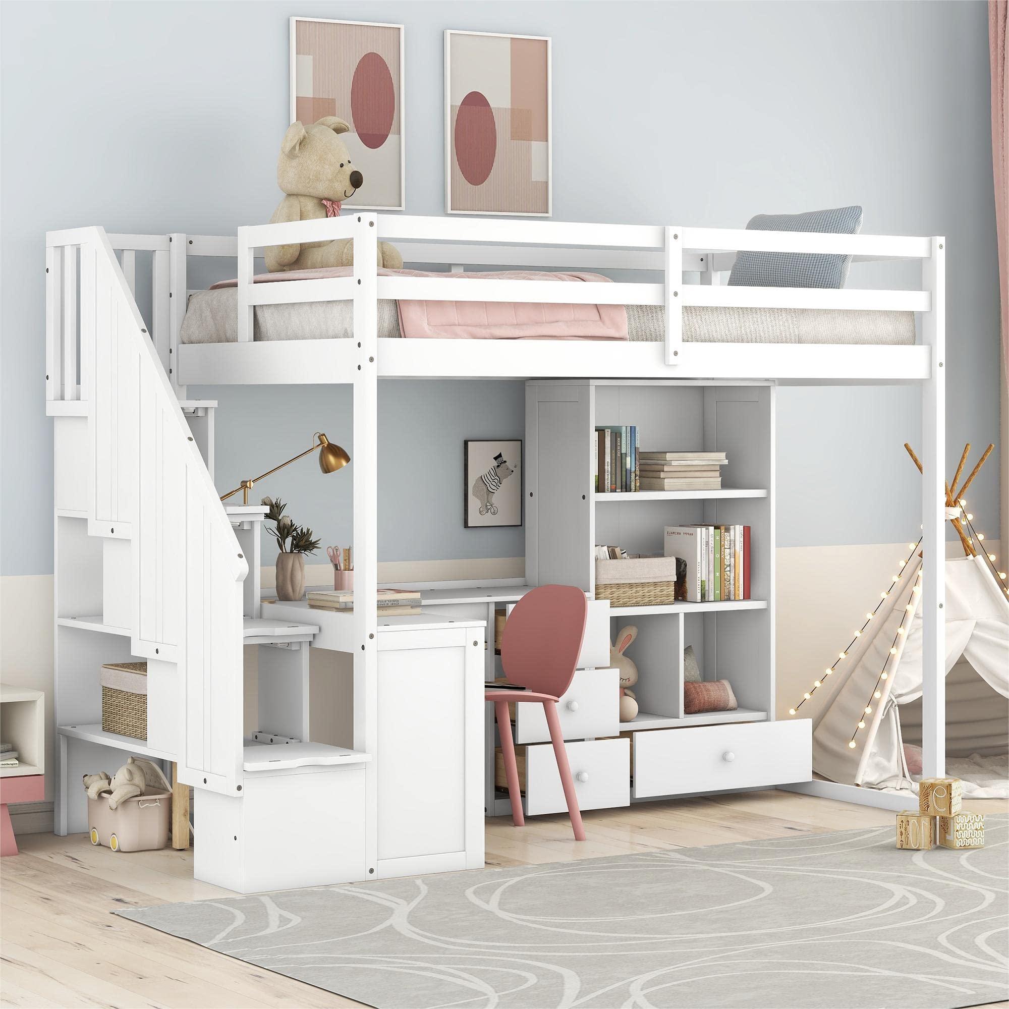 NicBex NicBex Twin Size Loft Bed with Drawers and L-Shaped Desk,Bunk Bed with Cabinet and Storage Staircase,Solid Wood and MDF,Space-Saving,No Box Spring Needed,Loft Bed Frame for Bedroom,Dorm,White