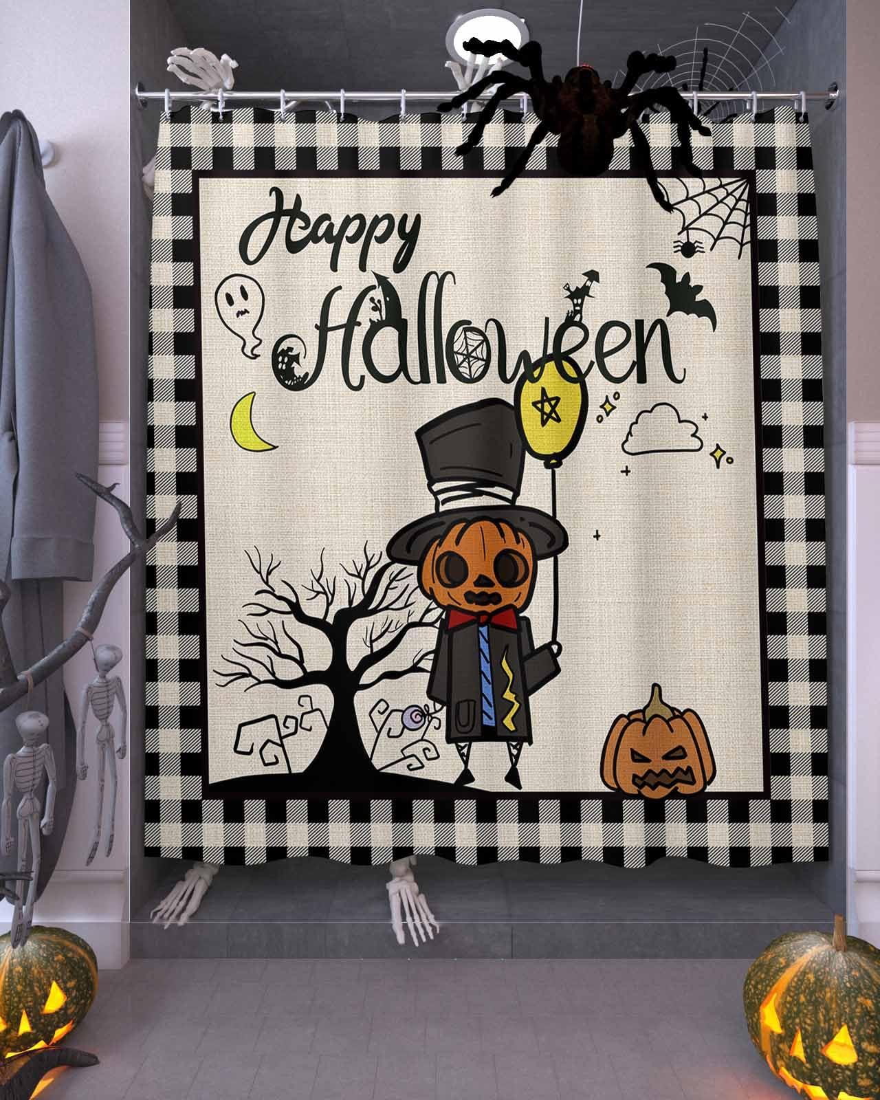 Prime Leader Halloween Shower Curtain for Bathroom Happy Halloween Pumpkin Skull Farmhouse Buffalo Plaid Waterproof Shower Curtain Set with 12 Hooks Washable Shower Curtains for Bathtubs Hotel 36\" x 78\"