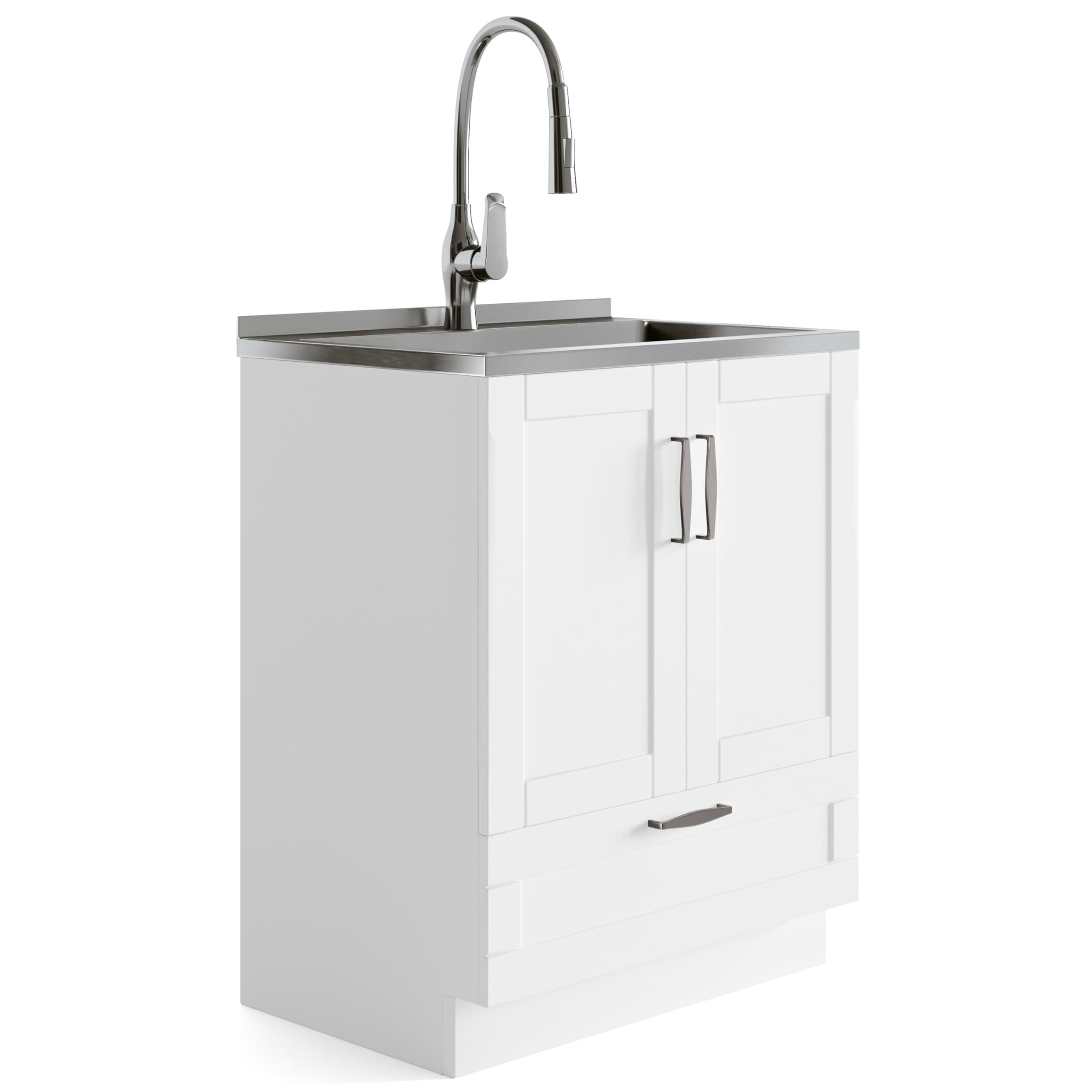 SIMPLIHOME SIMPLIHOME Reed All-in-One Utility Sink & Cabinet in Pure White, 28-inch, Laundry Cabinet with Stainless Steel Sink, Pull-out Faucet, Storage Drawer for Laundry Room
