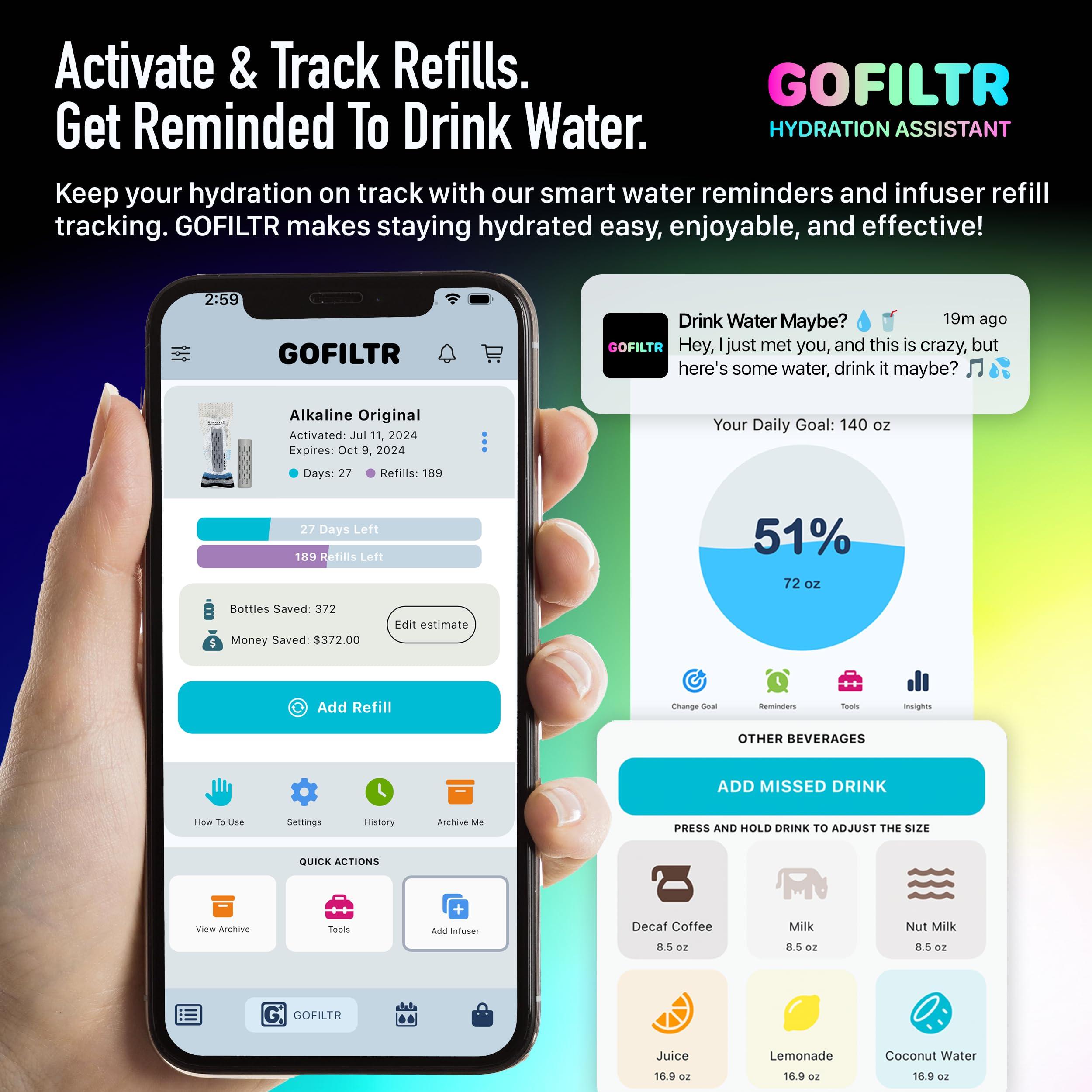 GOFILTR GOFILTR Alkaline Water Infuser (Original 2 Pack) 9.5 pH + Electrolytes for Any Water Bottle/Small Pitcher, 750 Refills / 3 Months, 2 Ionized Mineral Water Infusers