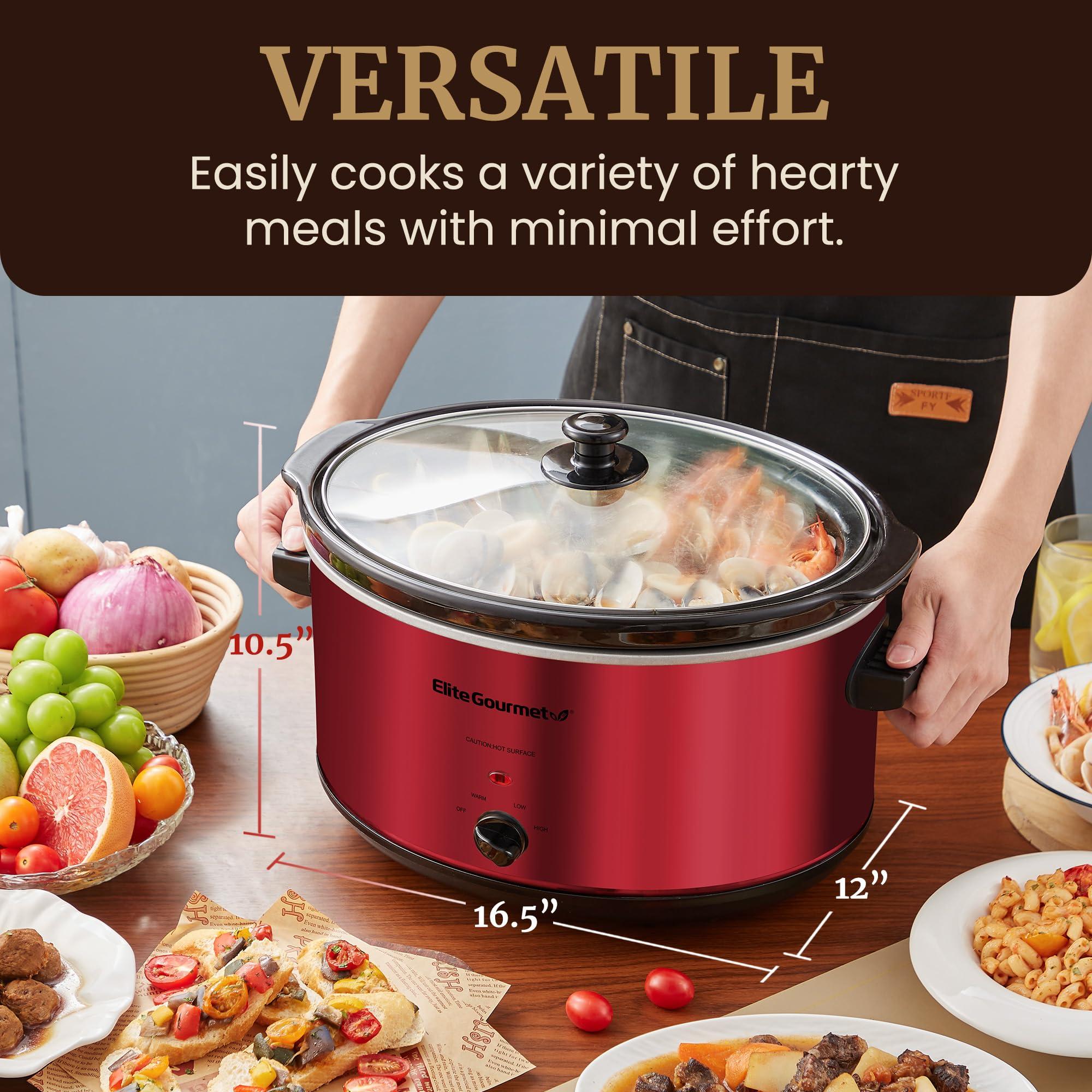 Elite Gourmet Elite Gourmet MST-900RXT# Electric Ceramic XL Jumbo Slow Cooker, Adjustable Temp, Entrees, Sauces, Stews & Dips, Dishwasher Safe Glass Lid & Crock, 8.5Qt, MetallicRed
