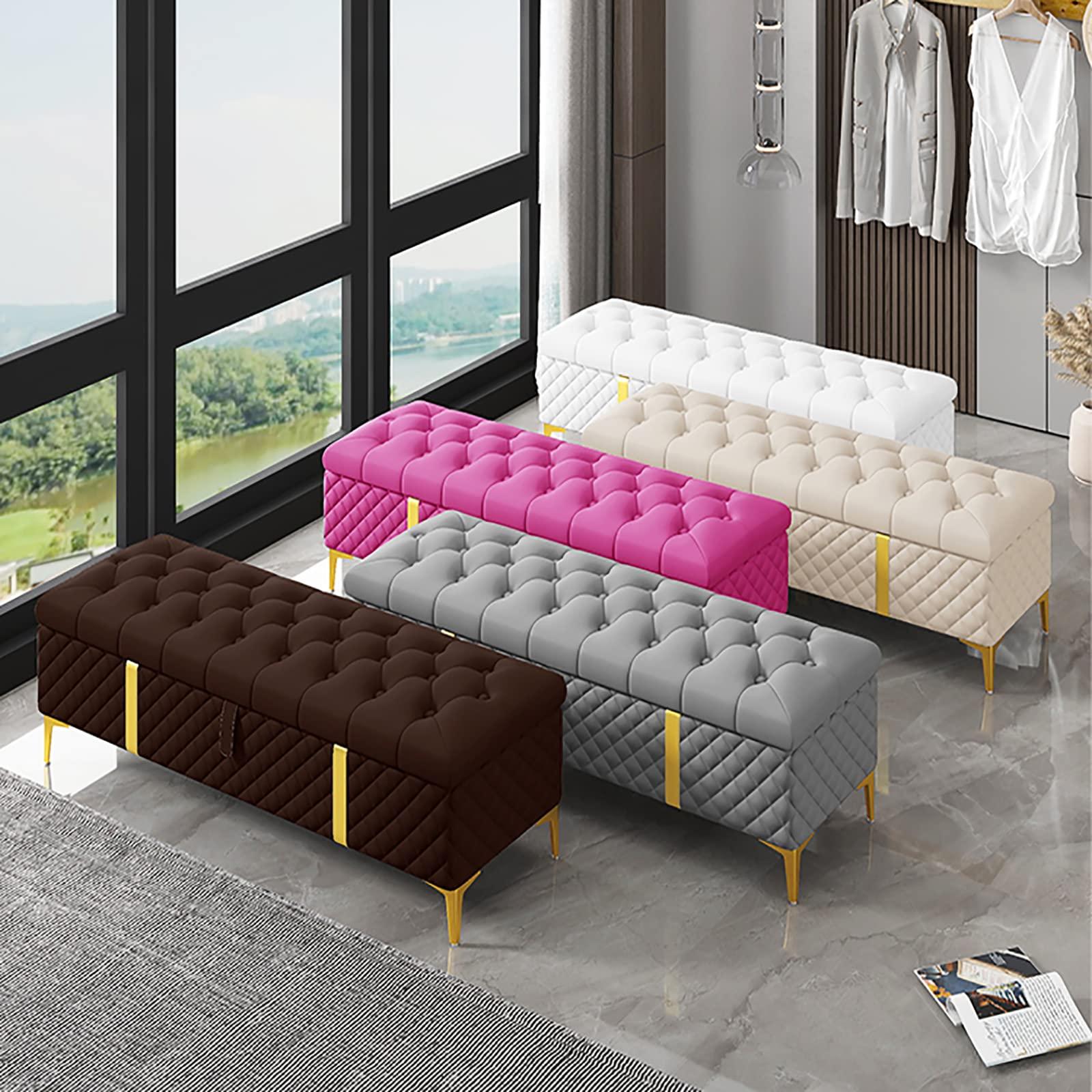 MCLAYF Storage Bench,Luxurious Storage Bench End of Bed Bench,Leather Upholstered Bench with Storage,Modern Storage Benches Bedroom Bench Storage Chest-Beige 100x40x45cm(39x16x18inch)