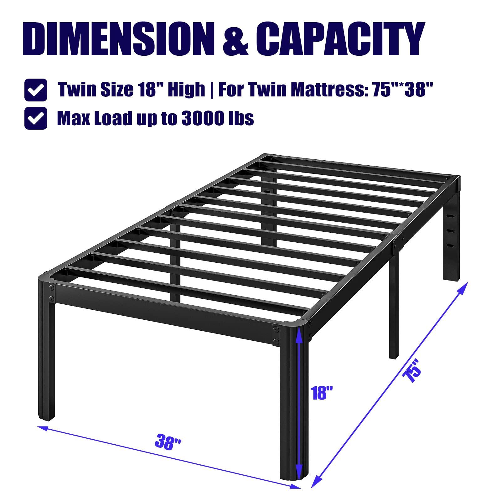 Hunlostten Hunlostten 18in Heavy Duty Twin Bed Frame No Box Spring Needed, Metal Platform Bed Frame Twin with Round Corners, Easy Assembly, Noise Free, Black