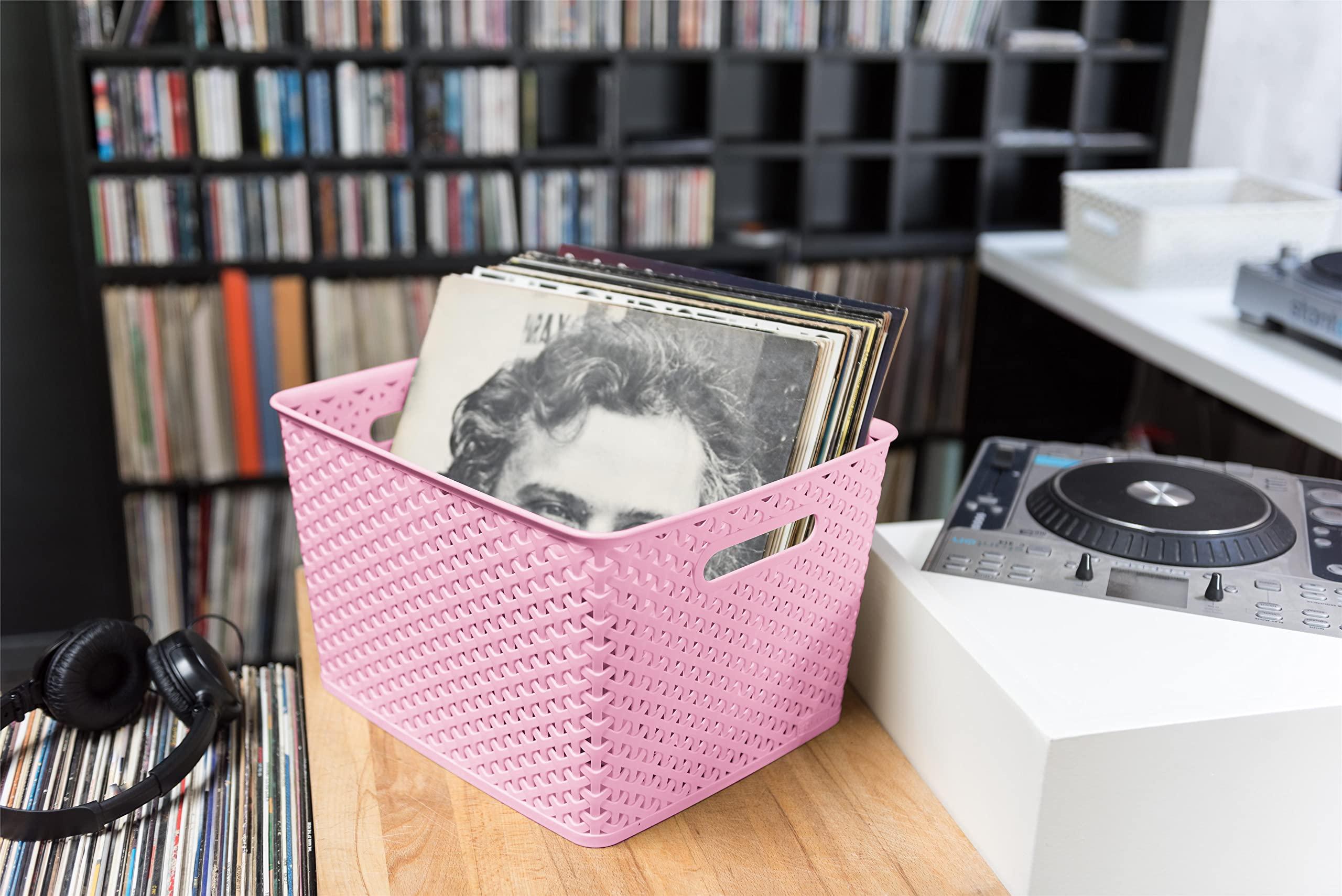 Curver Curver My Style Rattan Effect Set of 3 Kitchen, Living room, Bathroom, Bedroom, Utility Large Rectangular Storage Baskets 18 Litres - Pink