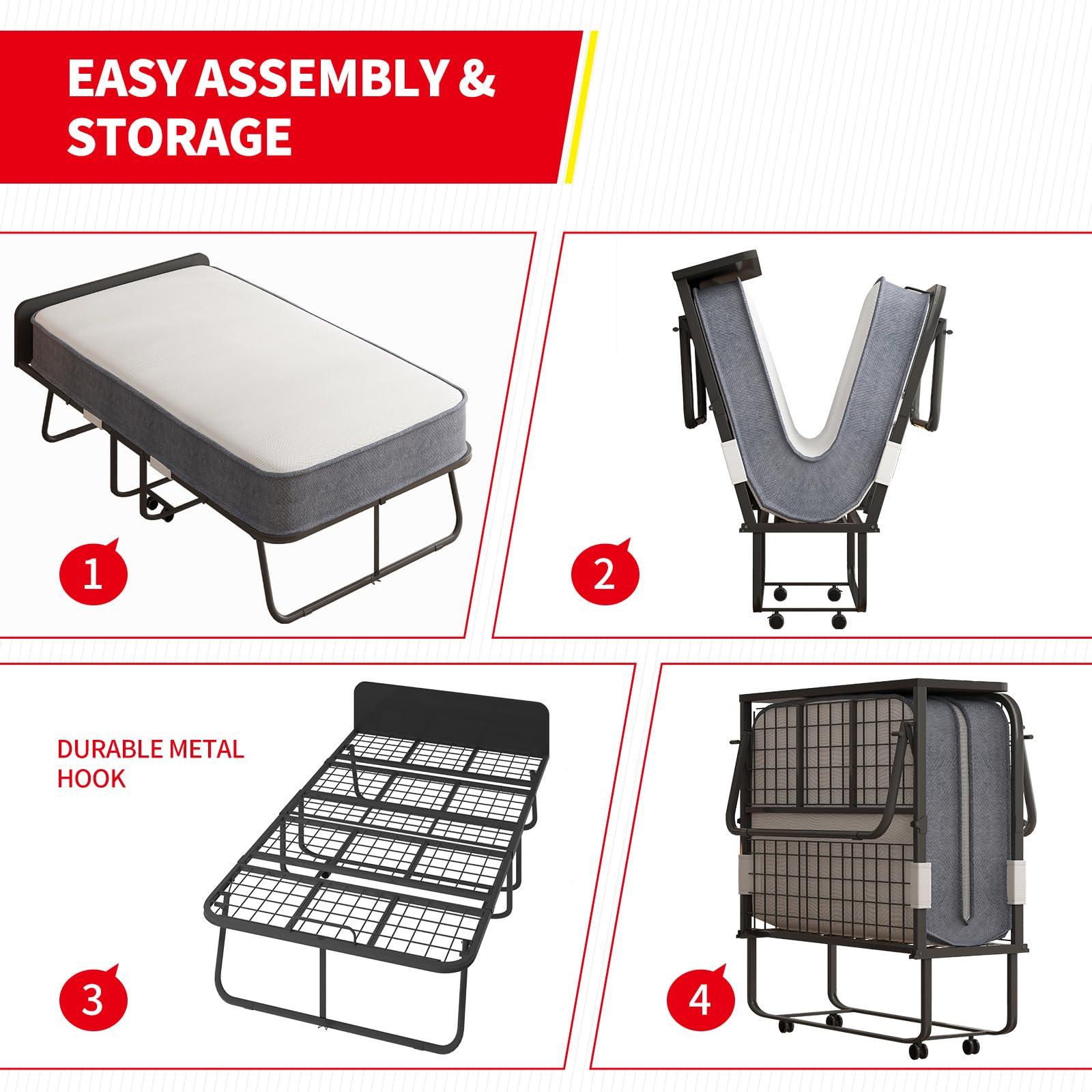 PUREMIND PUREMIND Folding Bed with 5 Inches Mattress, Upgrade Rollaway Bed for Adults with Dustproof Bag & Head Baffle, Single Portable Foldable Bed Fold Up Guest Bed with Metal Frame & Swivel Wheels