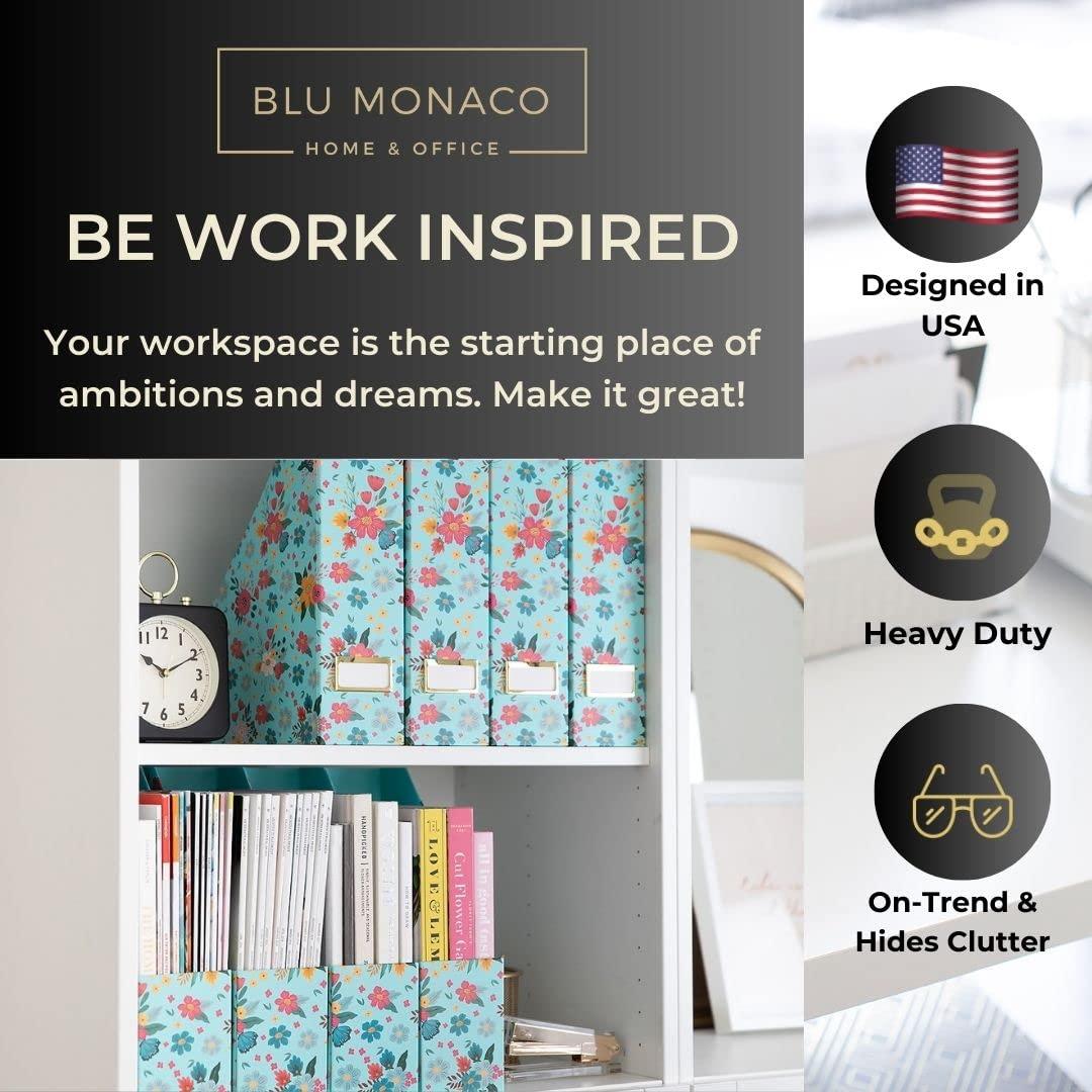 BLU MONACO BLU MONACO Floral Magazine Holder Cute Set of 4 Foldable Magazine File Boxes Aqua Floral Pattern with Gold Label Holder- Magazine Rack Desk Organizer, Binder Holder, Vertical File Folder Organizer