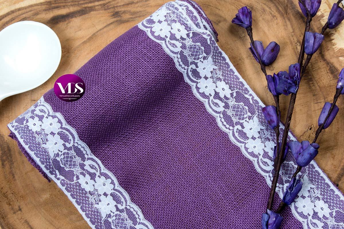 VDS VDS Pack of 20, Burlap Table Runner with White Lace Edge, 100% Natural Jute Rustic Hessian Table Cloth Centerpiece for Wedding Birthday Party Banquet Table Decoration (Size 12X108 Inch)(Lavender)