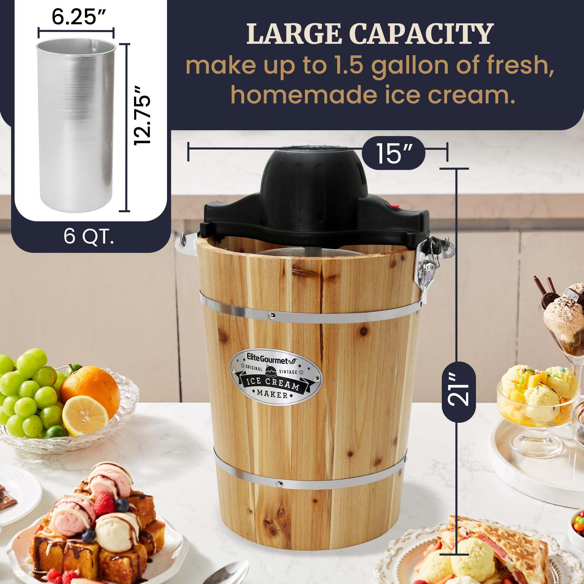 Elite Gourmet Elite Gourmet Old Fashioned 6 Quart Vintage Appalachian Wood Bucket Electric Ice Cream Maker Machine, *Bonus Classic Die-Cast Hand Crank for Churning, Uses Ice and Rock Salt Churns Ice Cream in Minute