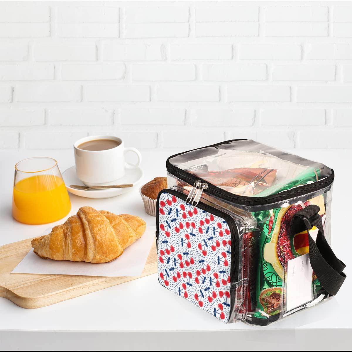 bisibuy bisibuy Cherry Print Clear Lunch Bag Stadium Approved PVC Plastic See Through Lunch box with Adjustable Strap for Sports Events Concerts Office