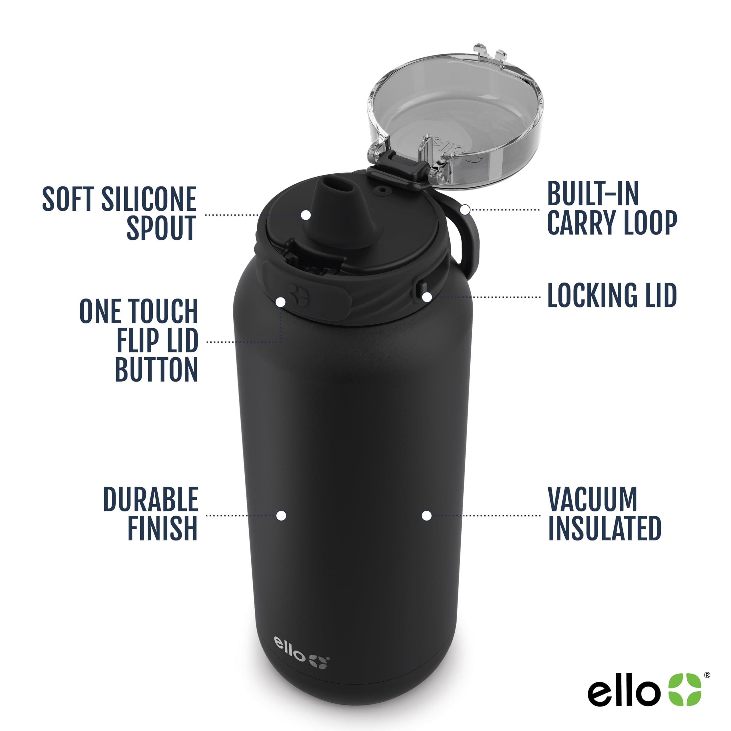 Ello Ello Cooper 40oz Stainless Steel Water Bottle with Straw and Carry Handle, Double Walled and Vacuum Insulated Metal, Leak Proof Locking Lid with Soft Silicone Spout, Reusable, BPA Free, Black